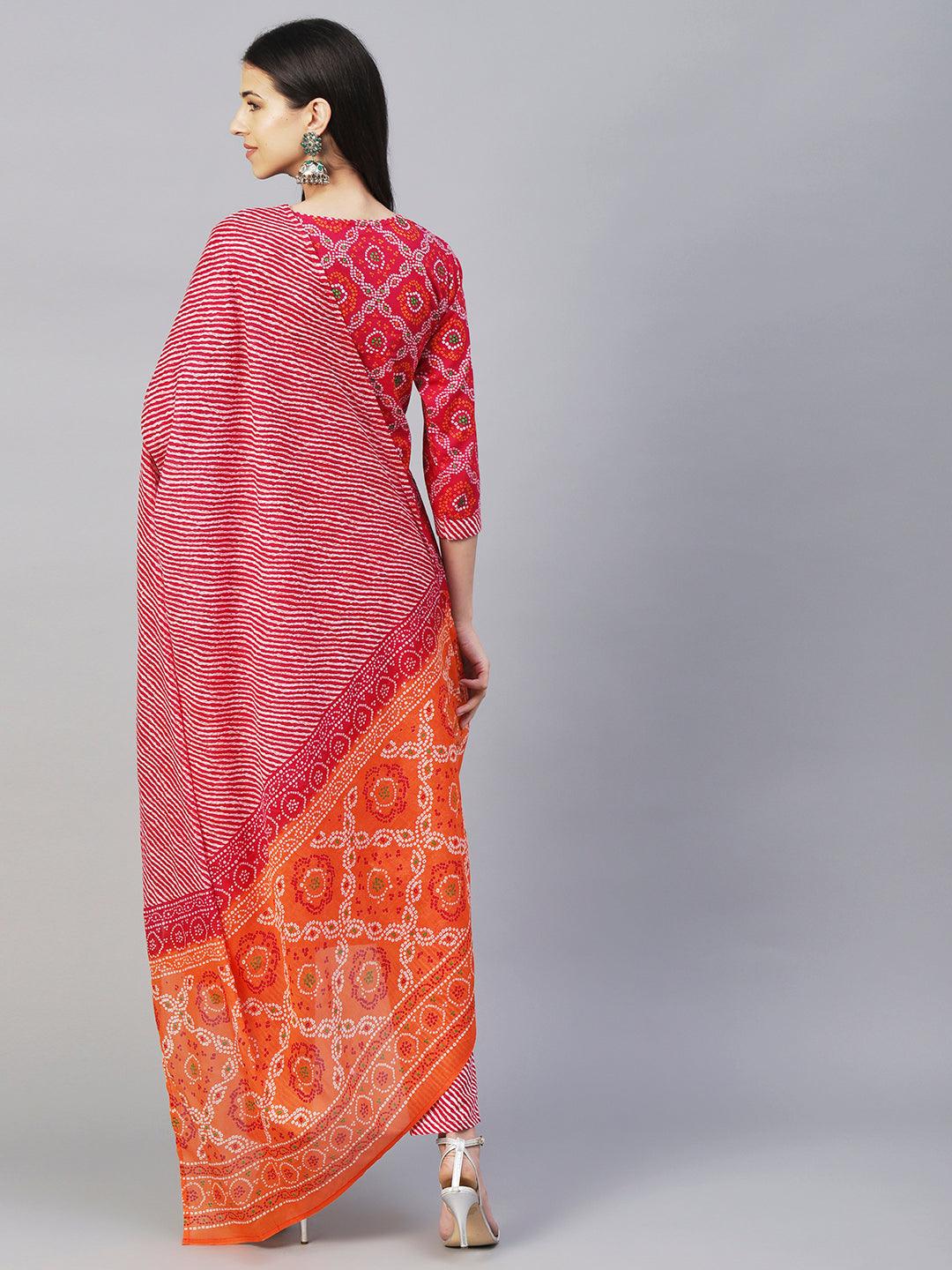 Bandhani Printed Gotapatti & Mirror Embroidered Kurta With Lehriya Pants & Dupatta - Magenta - Indiakreations