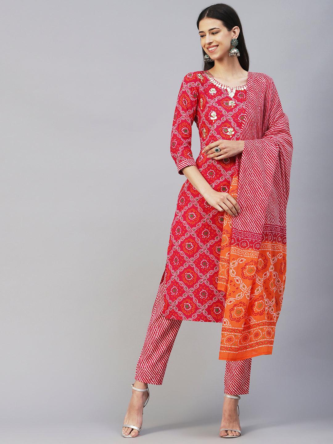 Bandhani Printed Gotapatti & Mirror Embroidered Kurta With Lehriya Pants & Dupatta - Magenta - Indiakreations