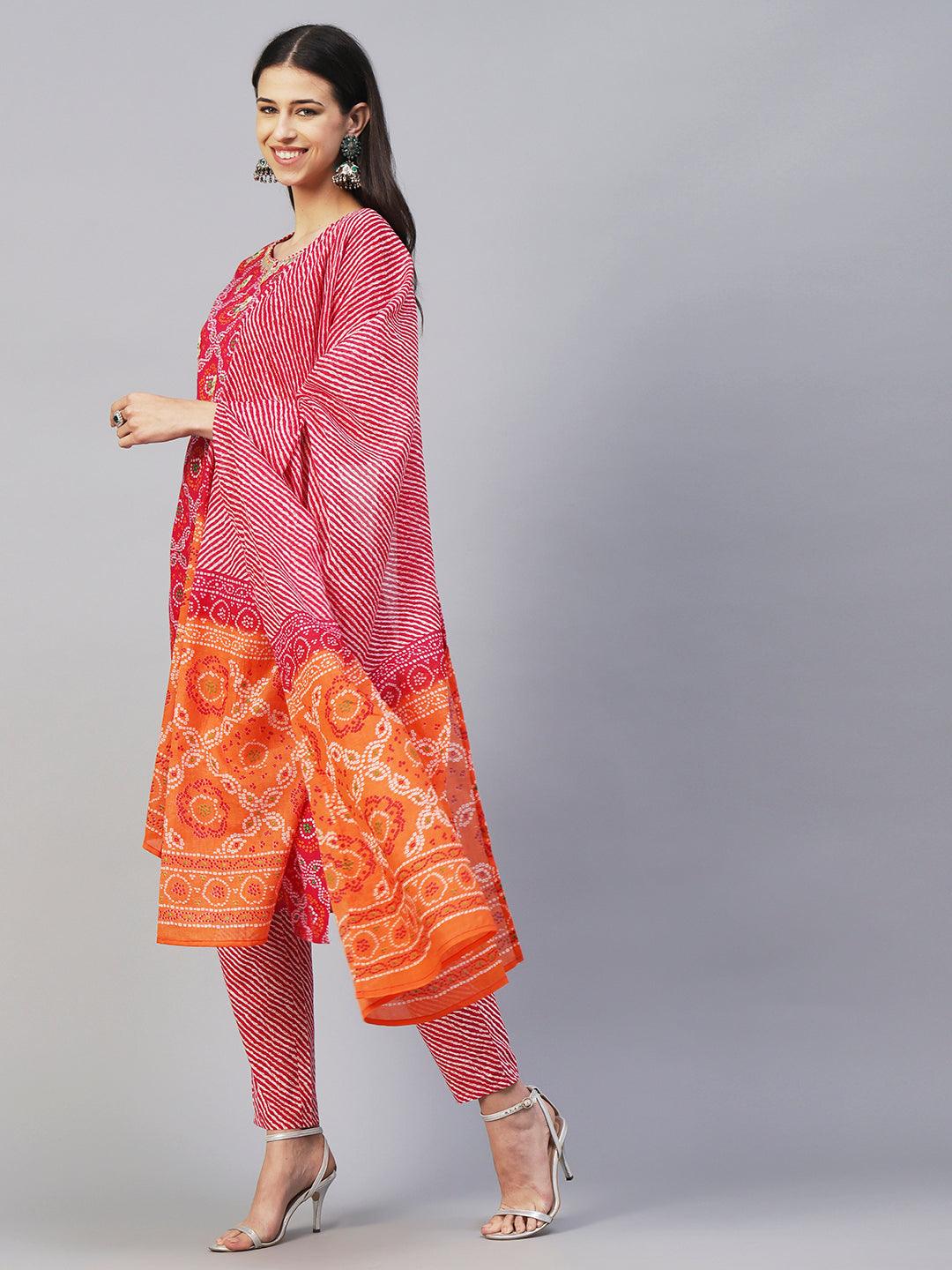 Bandhani Printed Gotapatti & Mirror Embroidered Kurta With Lehriya Pants & Dupatta - Magenta - Indiakreations