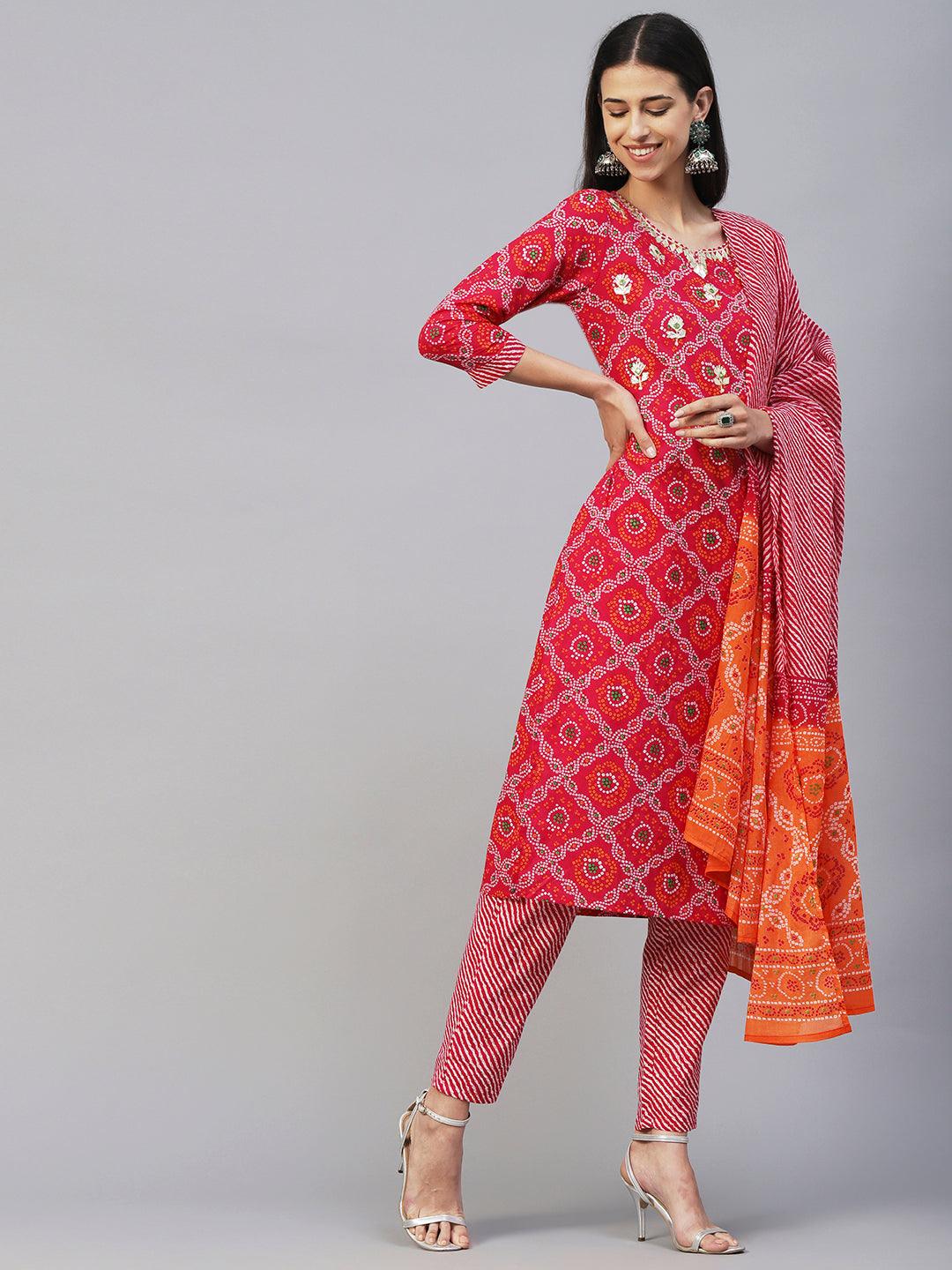 Bandhani Printed Gotapatti & Mirror Embroidered Kurta With Lehriya Pants & Dupatta - Magenta - Indiakreations