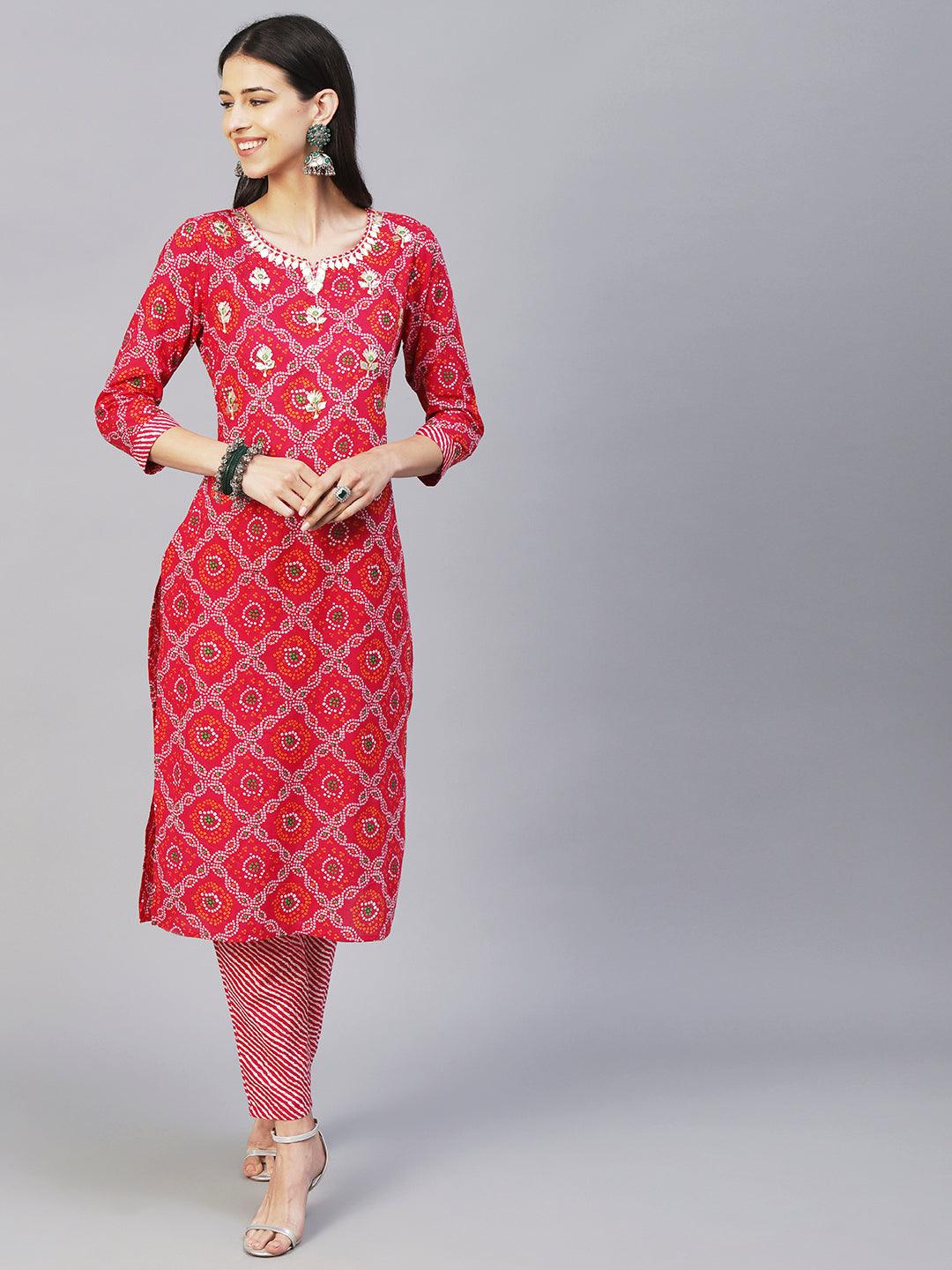 Bandhani Printed Gotapatti & Mirror Embroidered Kurta With Lehriya Pants & Dupatta - Magenta - Indiakreations