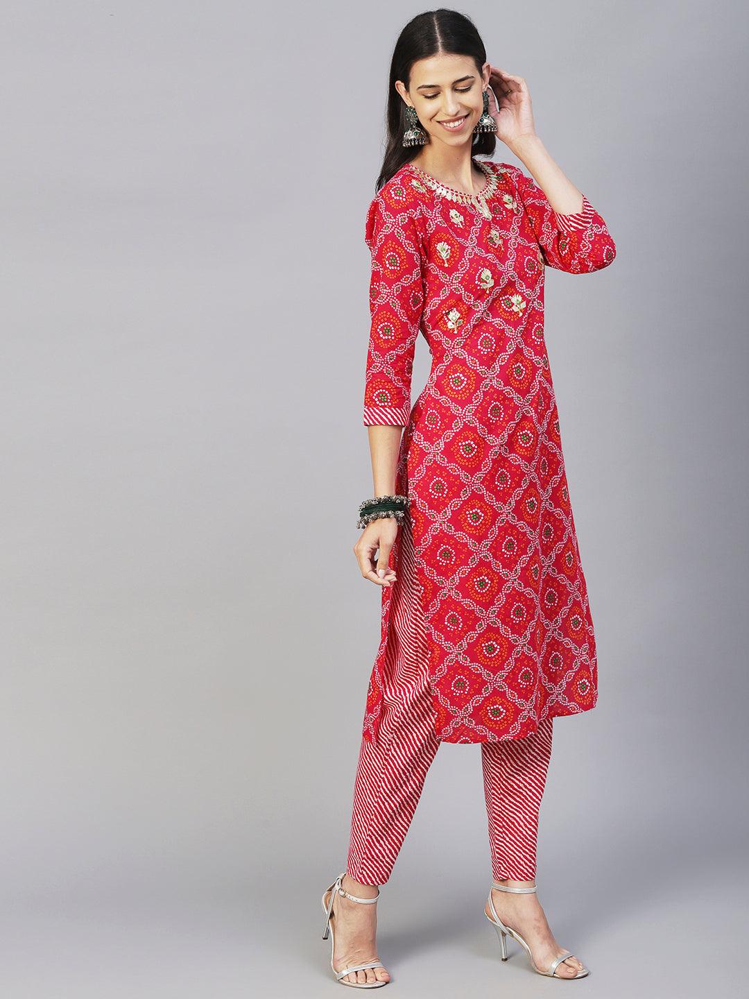 Bandhani Printed Gotapatti & Mirror Embroidered Kurta With Lehriya Pants & Dupatta - Magenta - Indiakreations