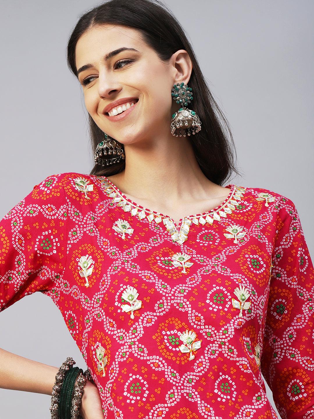 Bandhani Printed Gotapatti & Mirror Embroidered Kurta With Lehriya Pants & Dupatta - Magenta - Indiakreations