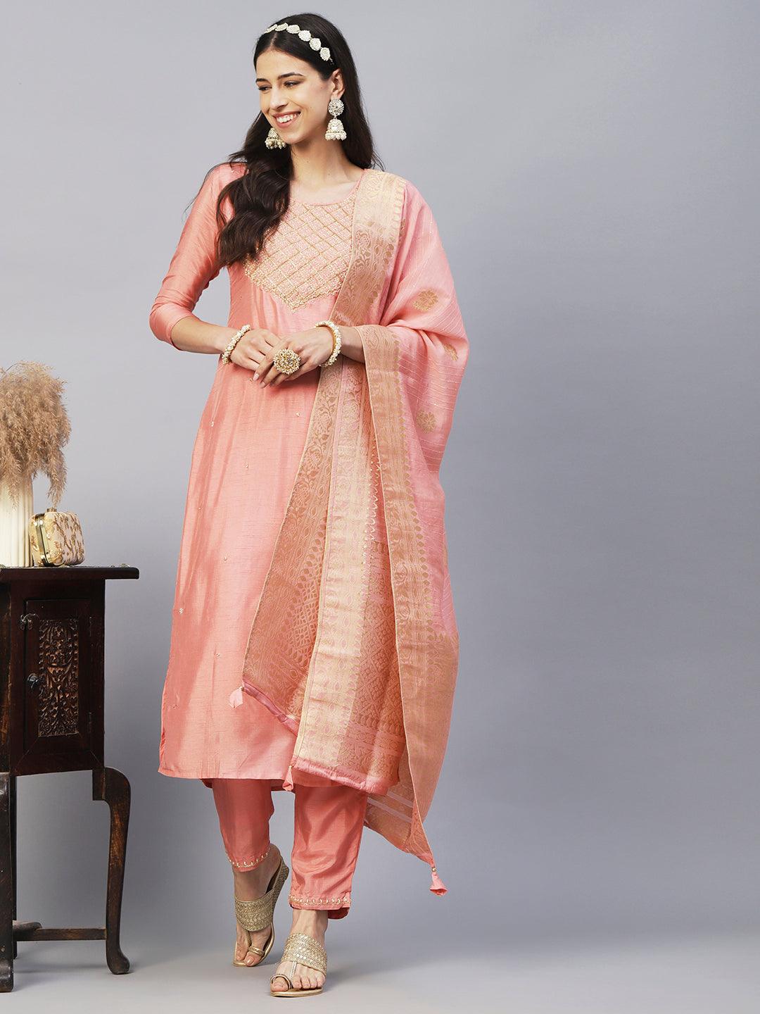 Solid Ethnic Hand Embroidered Straight Kurta with Pant & Dupatta - Peach - Indiakreations