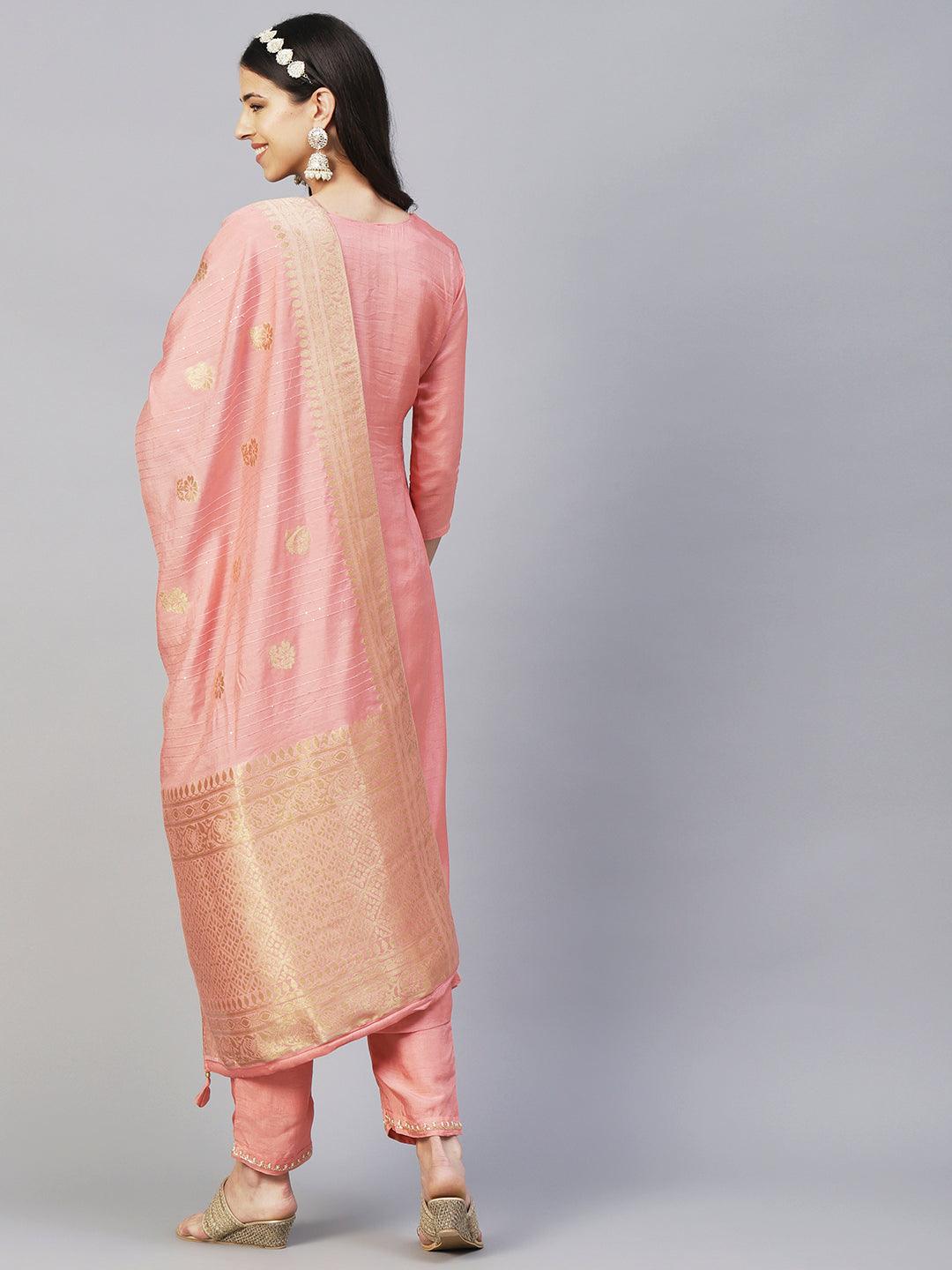 Solid Ethnic Hand Embroidered Straight Kurta with Pant & Dupatta - Peach - Indiakreations