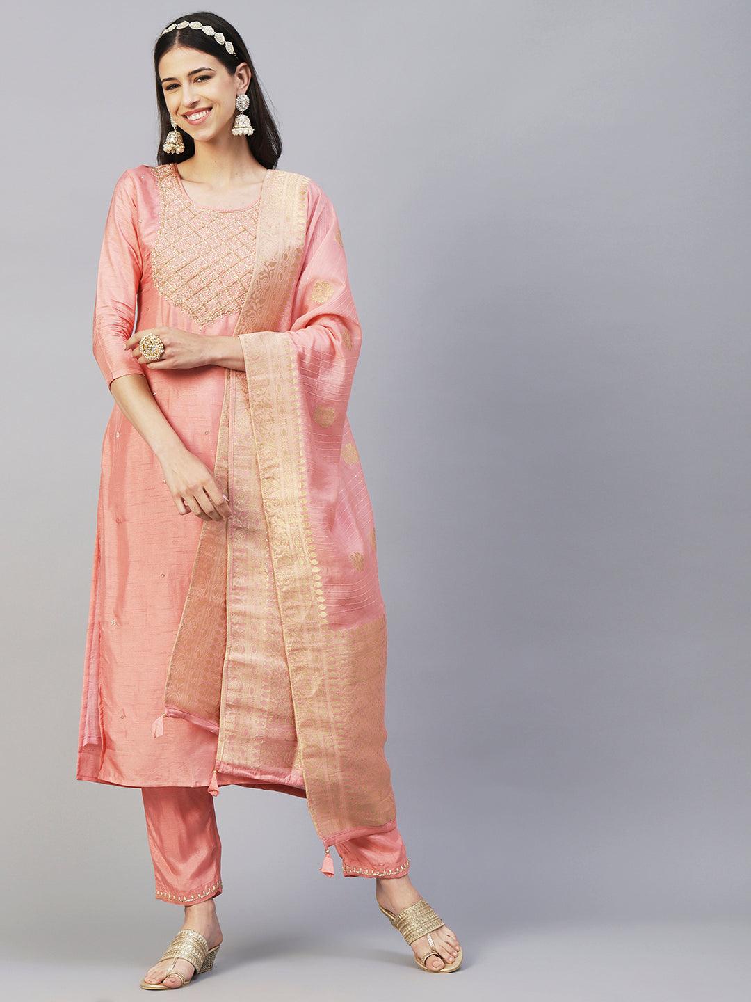 Solid Ethnic Hand Embroidered Straight Kurta with Pant & Dupatta - Peach - Indiakreations