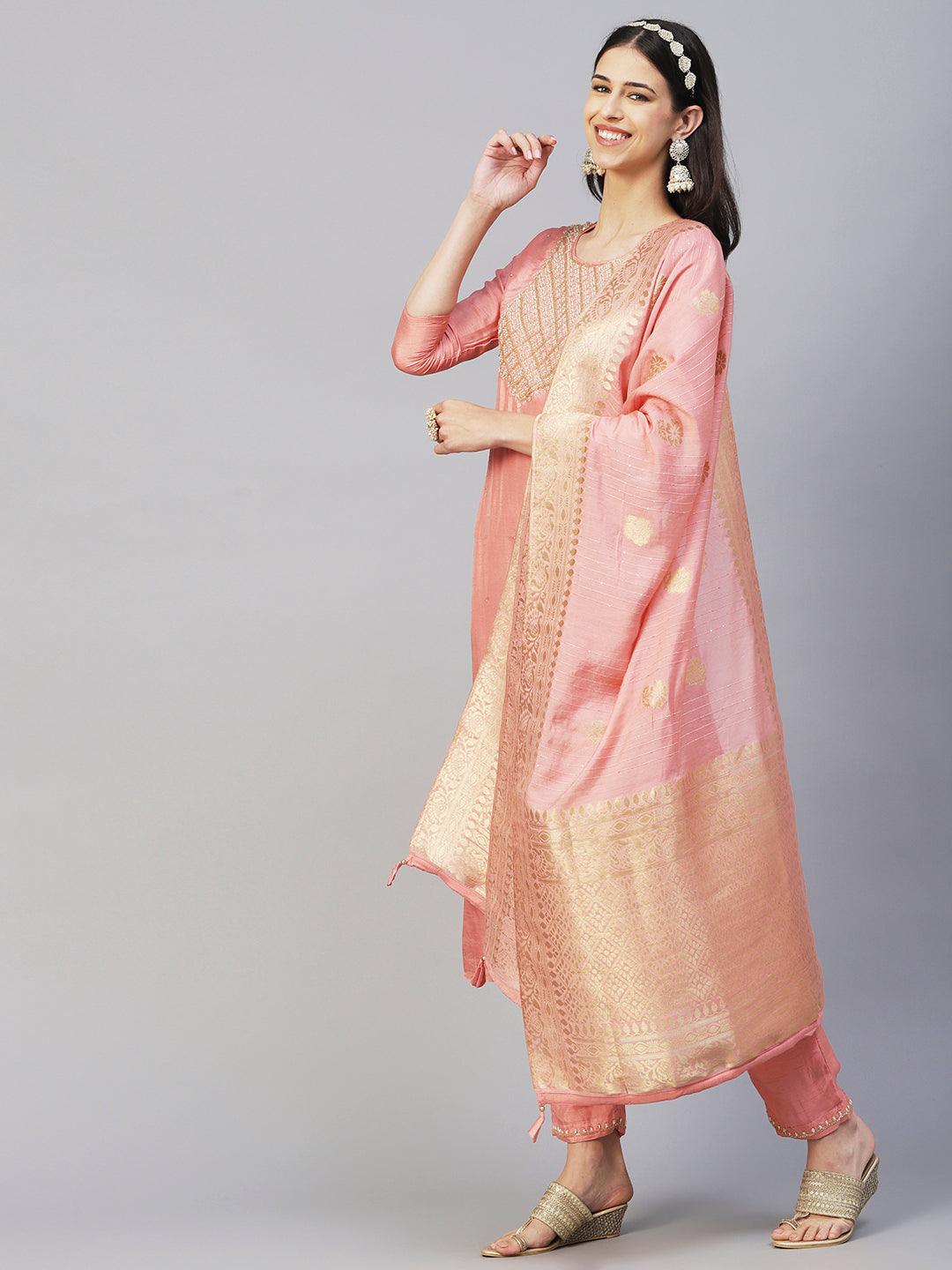 Solid Ethnic Hand Embroidered Straight Kurta with Pant & Dupatta - Peach - Indiakreations