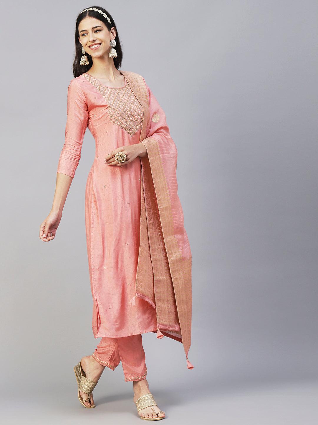 Solid Ethnic Hand Embroidered Straight Kurta with Pant & Dupatta - Peach - Indiakreations