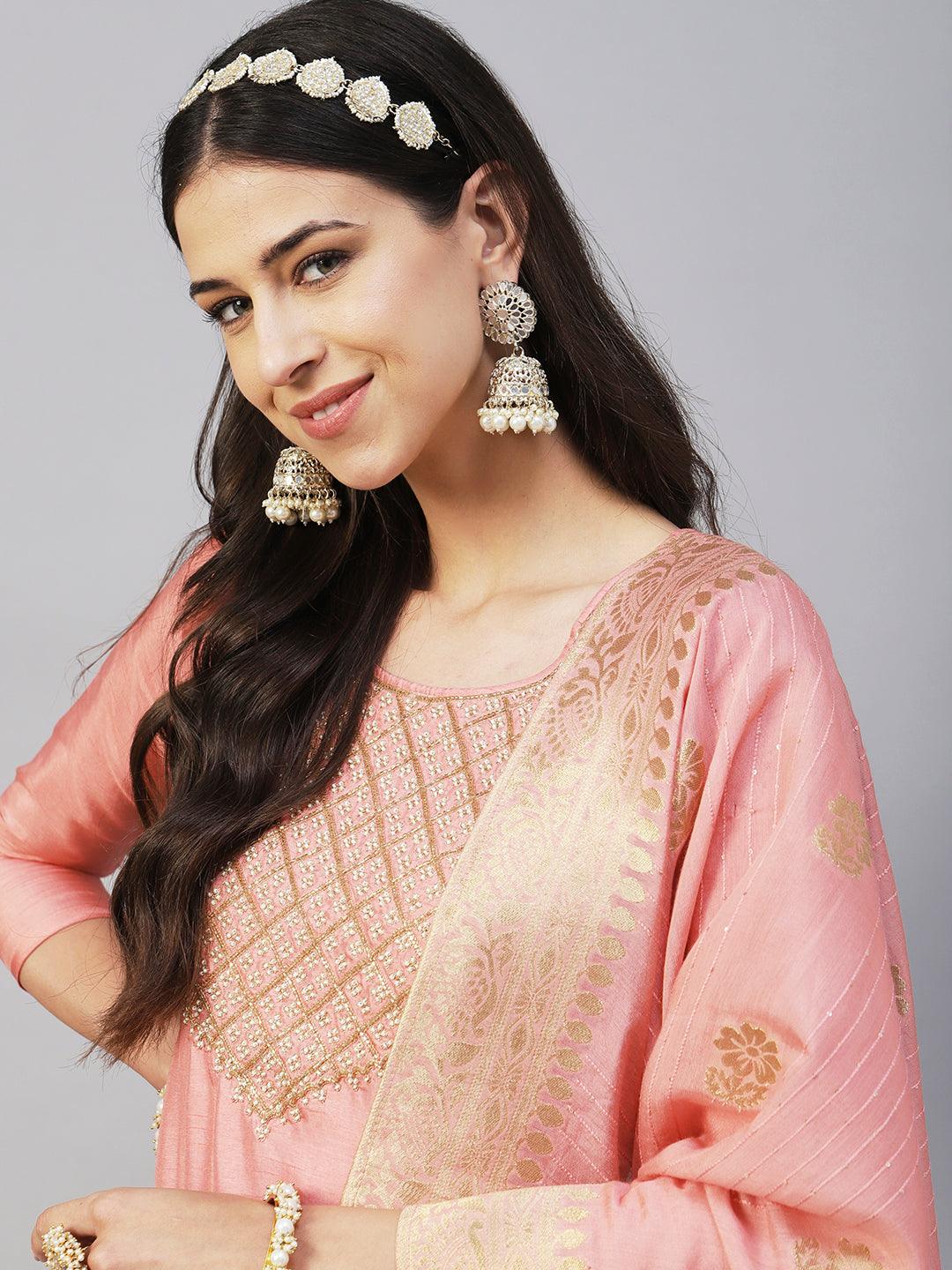 Solid Ethnic Hand Embroidered Straight Kurta with Pant & Dupatta - Peach - Indiakreations