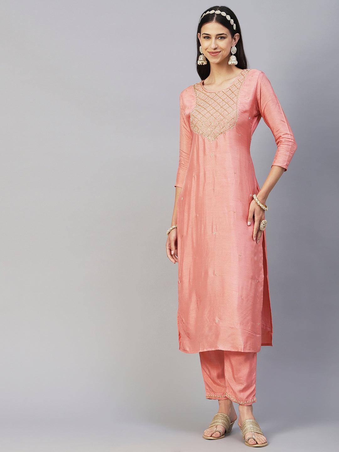 Solid Ethnic Hand Embroidered Straight Kurta with Pant & Dupatta - Peach - Indiakreations