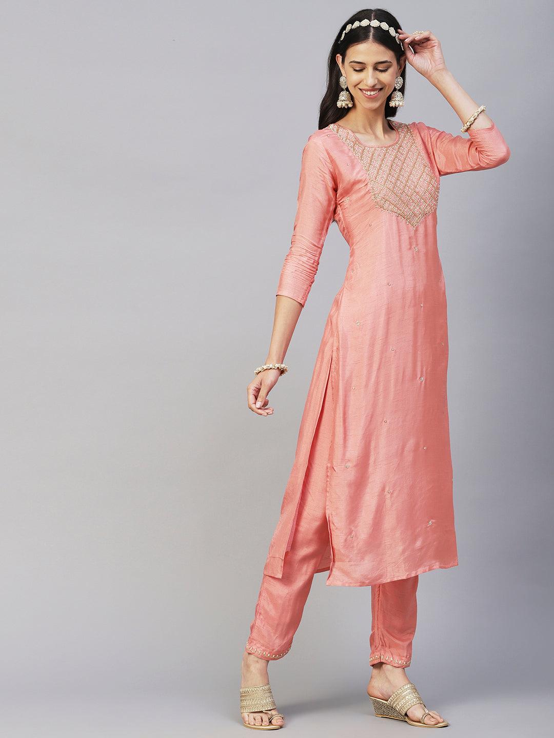 Solid Ethnic Hand Embroidered Straight Kurta with Pant & Dupatta - Peach - Indiakreations