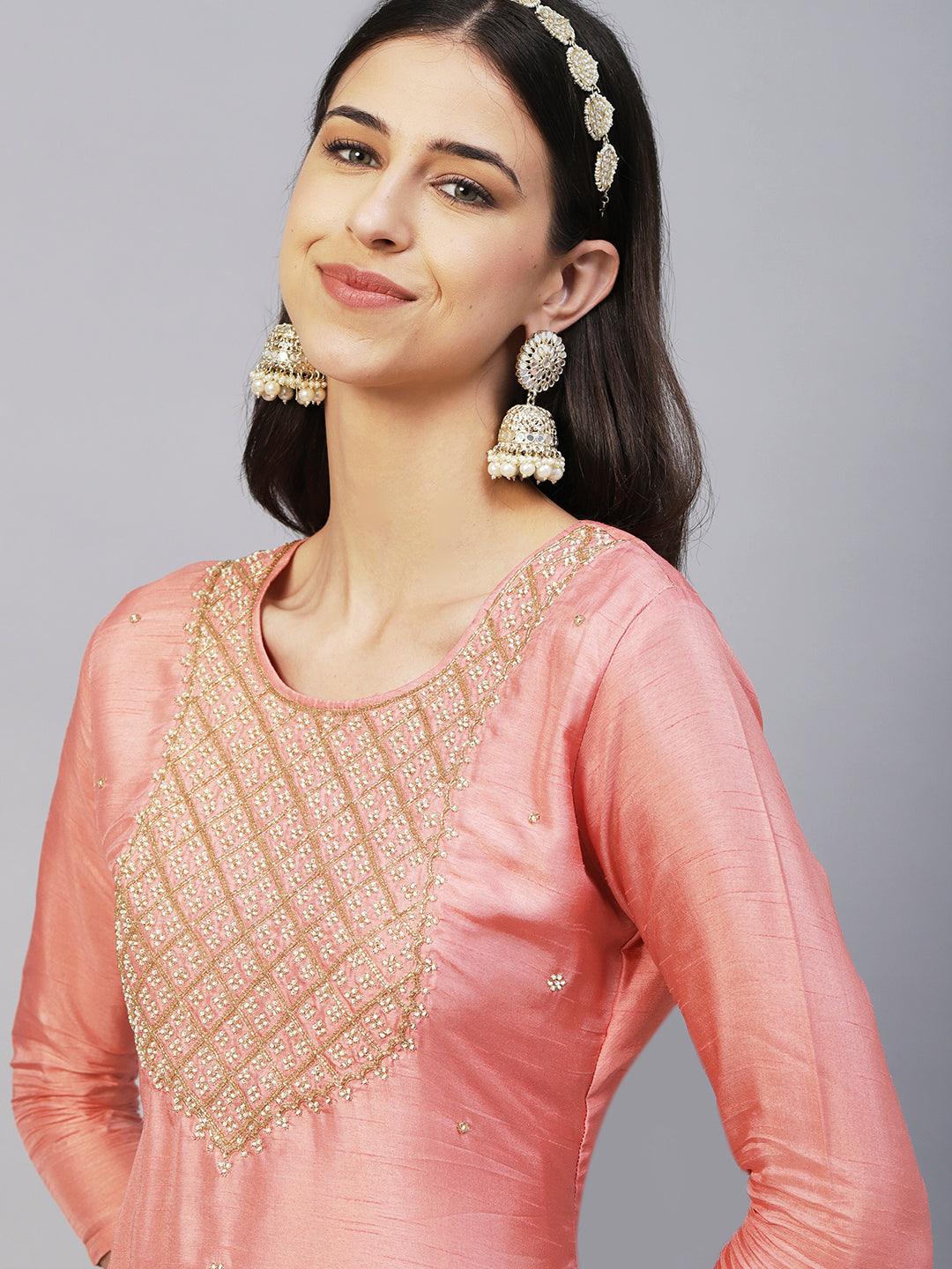 Solid Ethnic Hand Embroidered Straight Kurta with Pant & Dupatta - Peach - Indiakreations