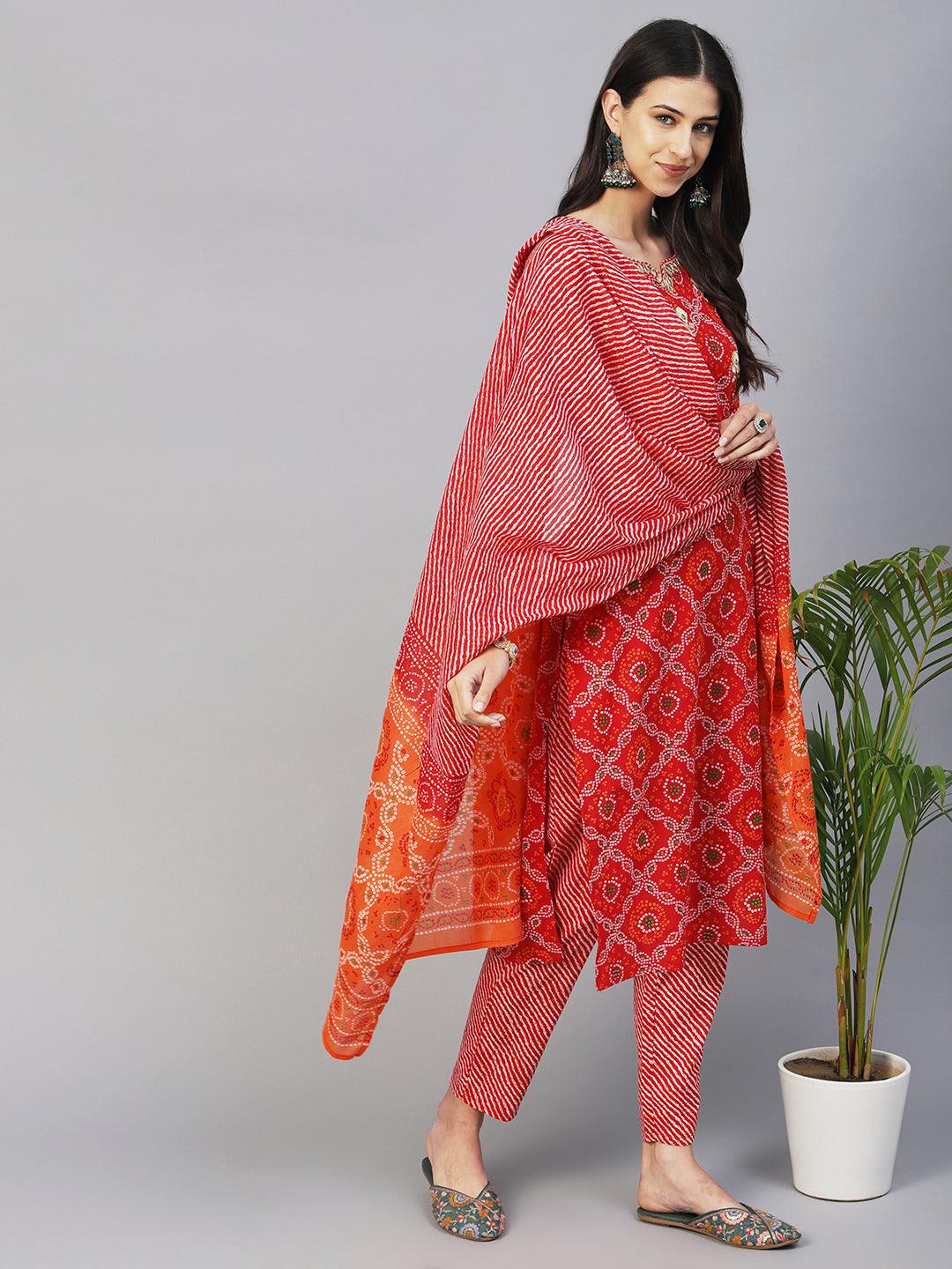 Bandhani Printed Gotapatti & Mirror Embroidered Kurta With Lehriya Pants & Dupatta - Red - Indiakreations