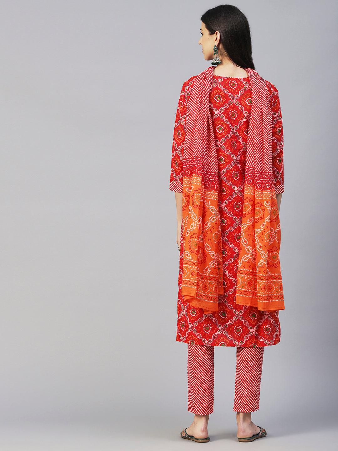 Bandhani Printed Gotapatti & Mirror Embroidered Kurta With Lehriya Pants & Dupatta - Red - Indiakreations