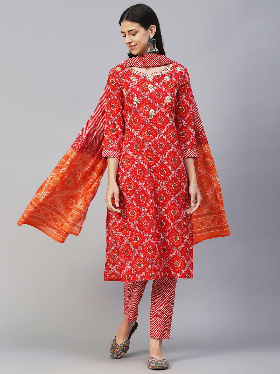 Bandhani Printed Gotapatti & Mirror Embroidered Kurta With Lehriya Pants & Dupatta - Red - Indiakreations