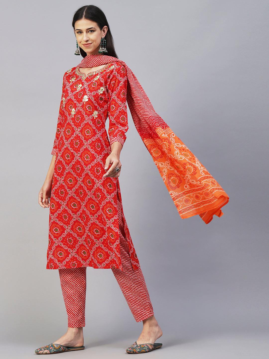 Bandhani Printed Gotapatti & Mirror Embroidered Kurta With Lehriya Pants & Dupatta - Red - Indiakreations