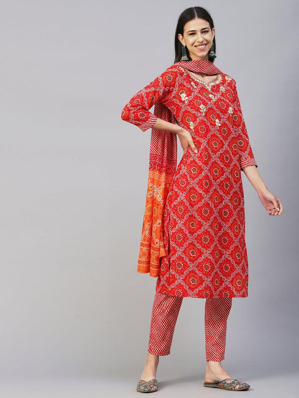 Bandhani Printed Gotapatti & Mirror Embroidered Kurta With Lehriya Pants & Dupatta - Red - Indiakreations