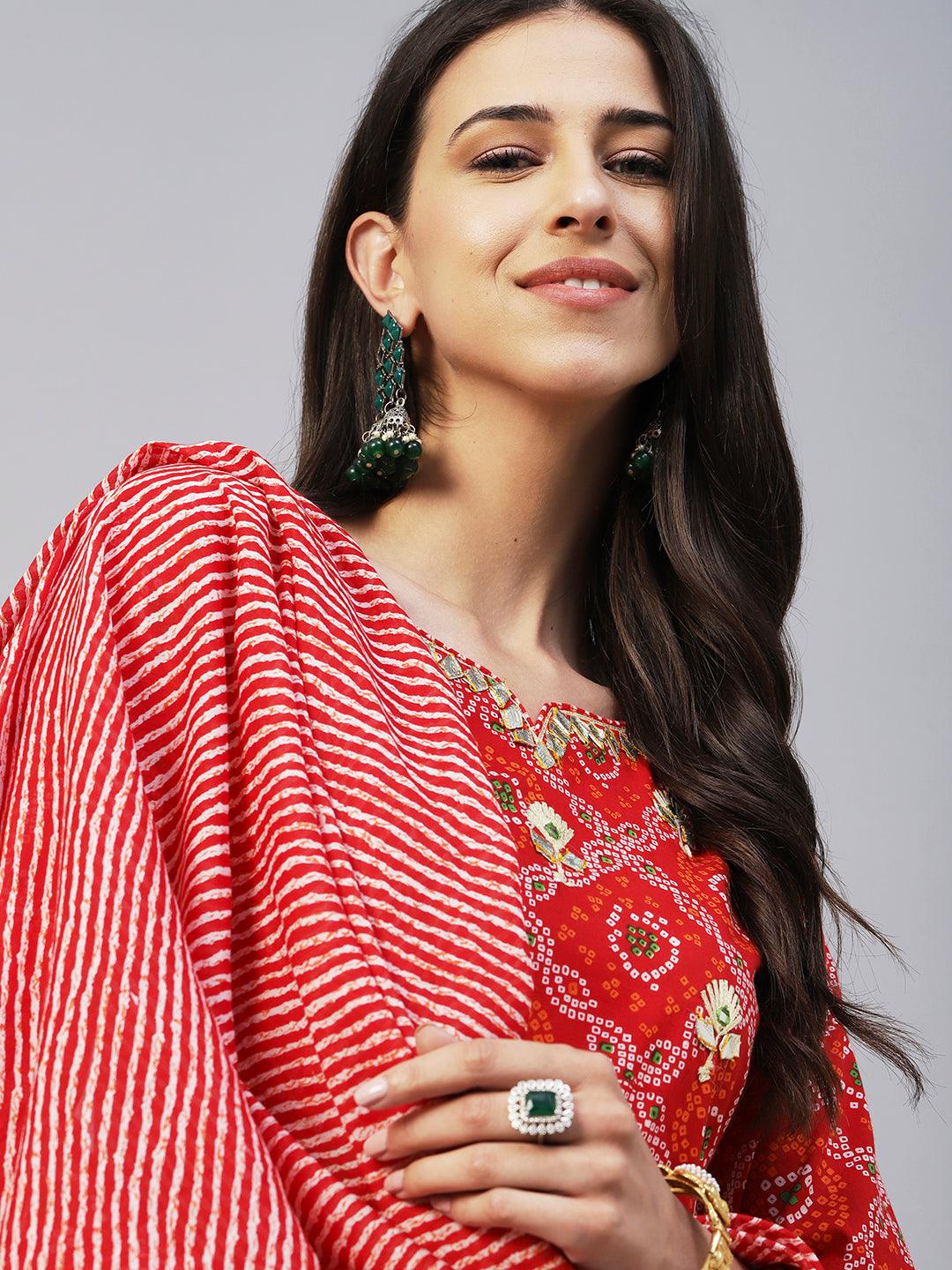 Bandhani Printed Gotapatti & Mirror Embroidered Kurta With Lehriya Pants & Dupatta - Red - Indiakreations