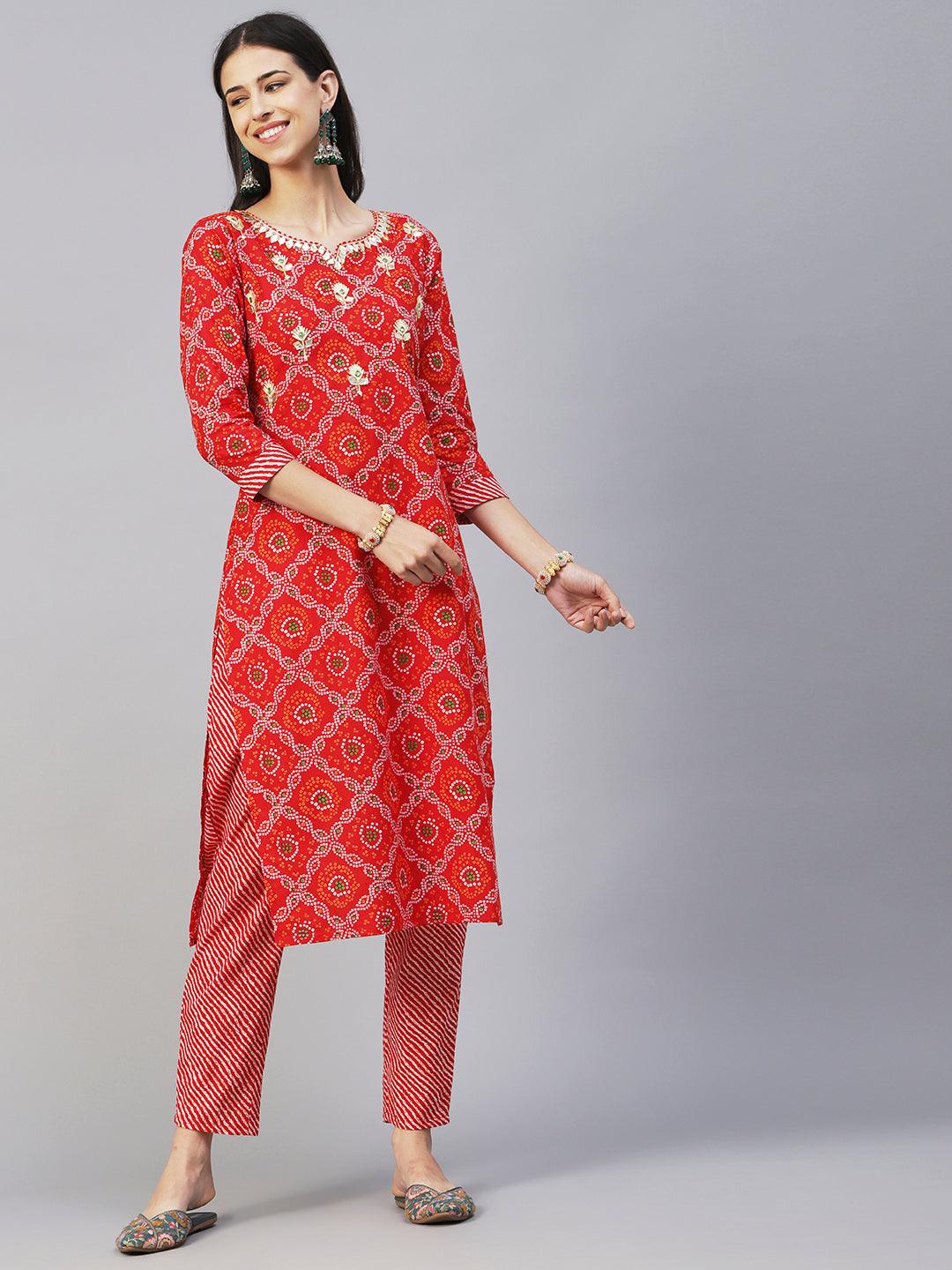 Bandhani Printed Gotapatti & Mirror Embroidered Kurta With Lehriya Pants & Dupatta - Red - Indiakreations