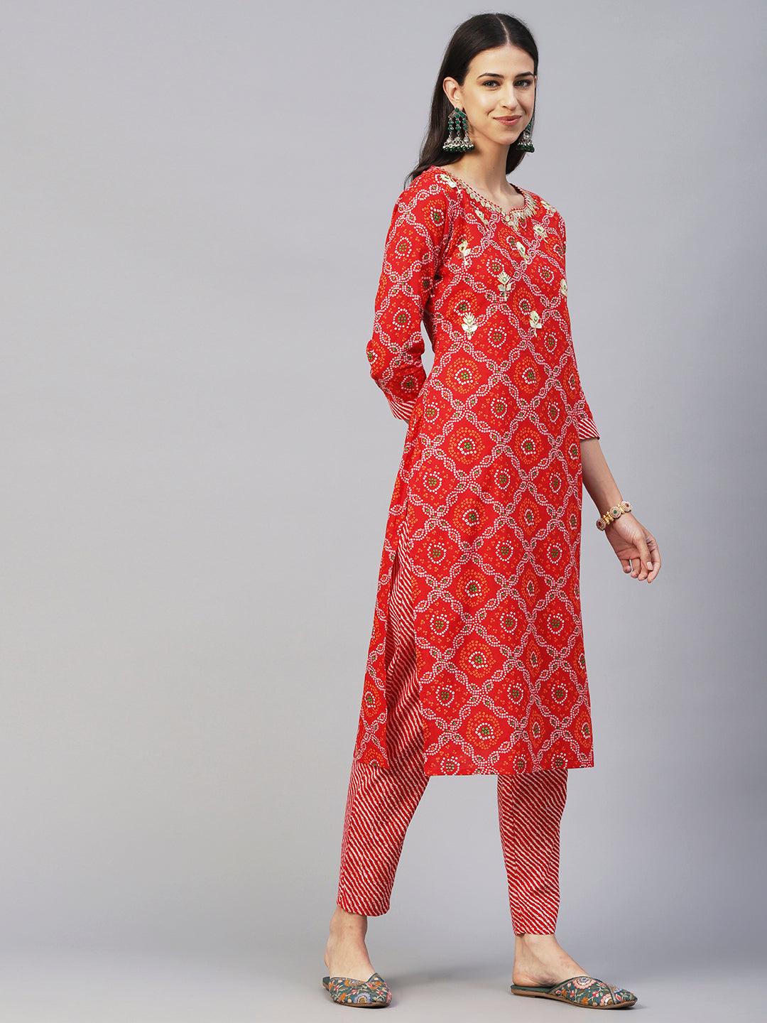 Bandhani Printed Gotapatti & Mirror Embroidered Kurta With Lehriya Pants & Dupatta - Red - Indiakreations