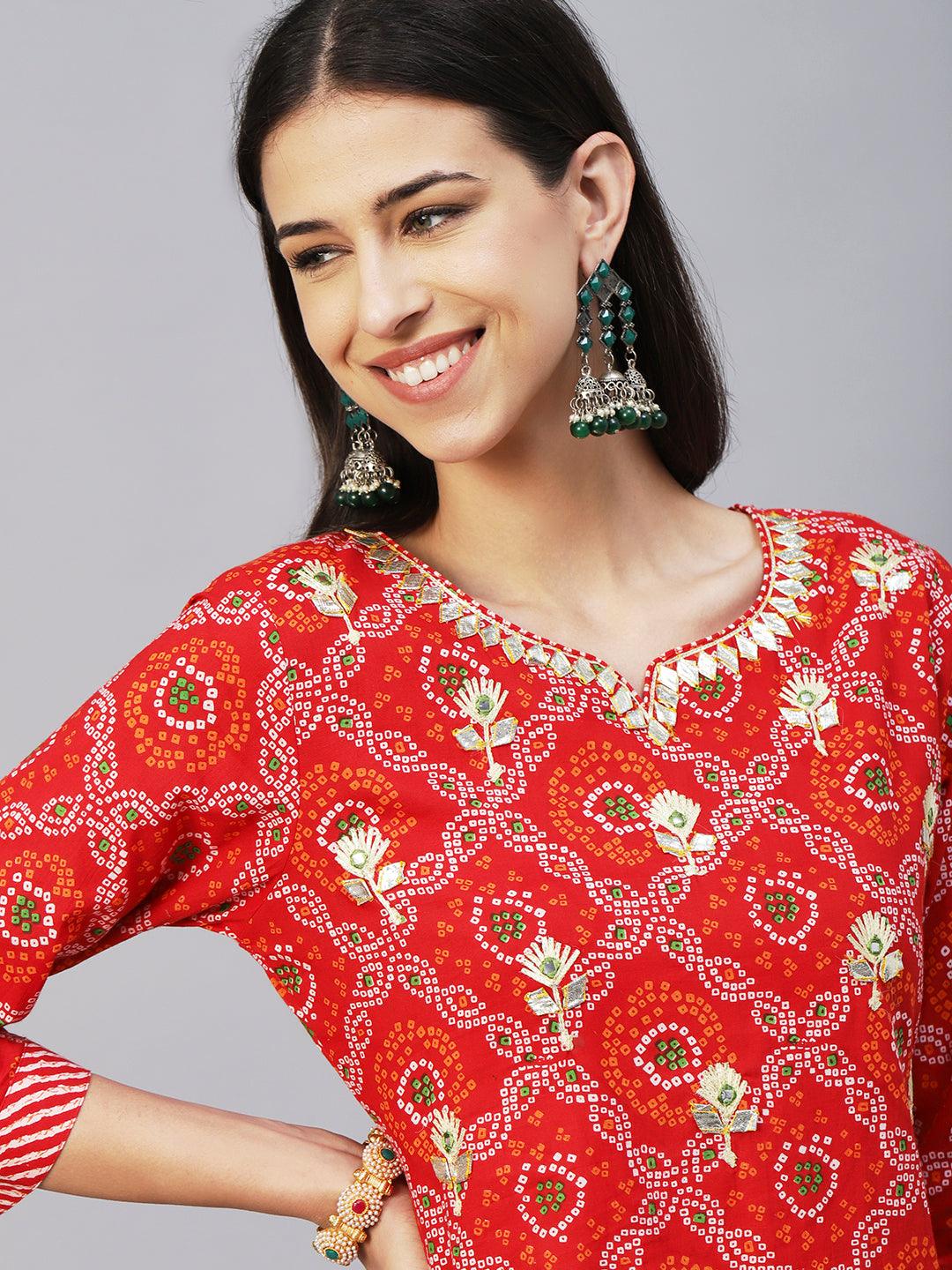 Bandhani Printed Gotapatti & Mirror Embroidered Kurta With Lehriya Pants & Dupatta - Red - Indiakreations