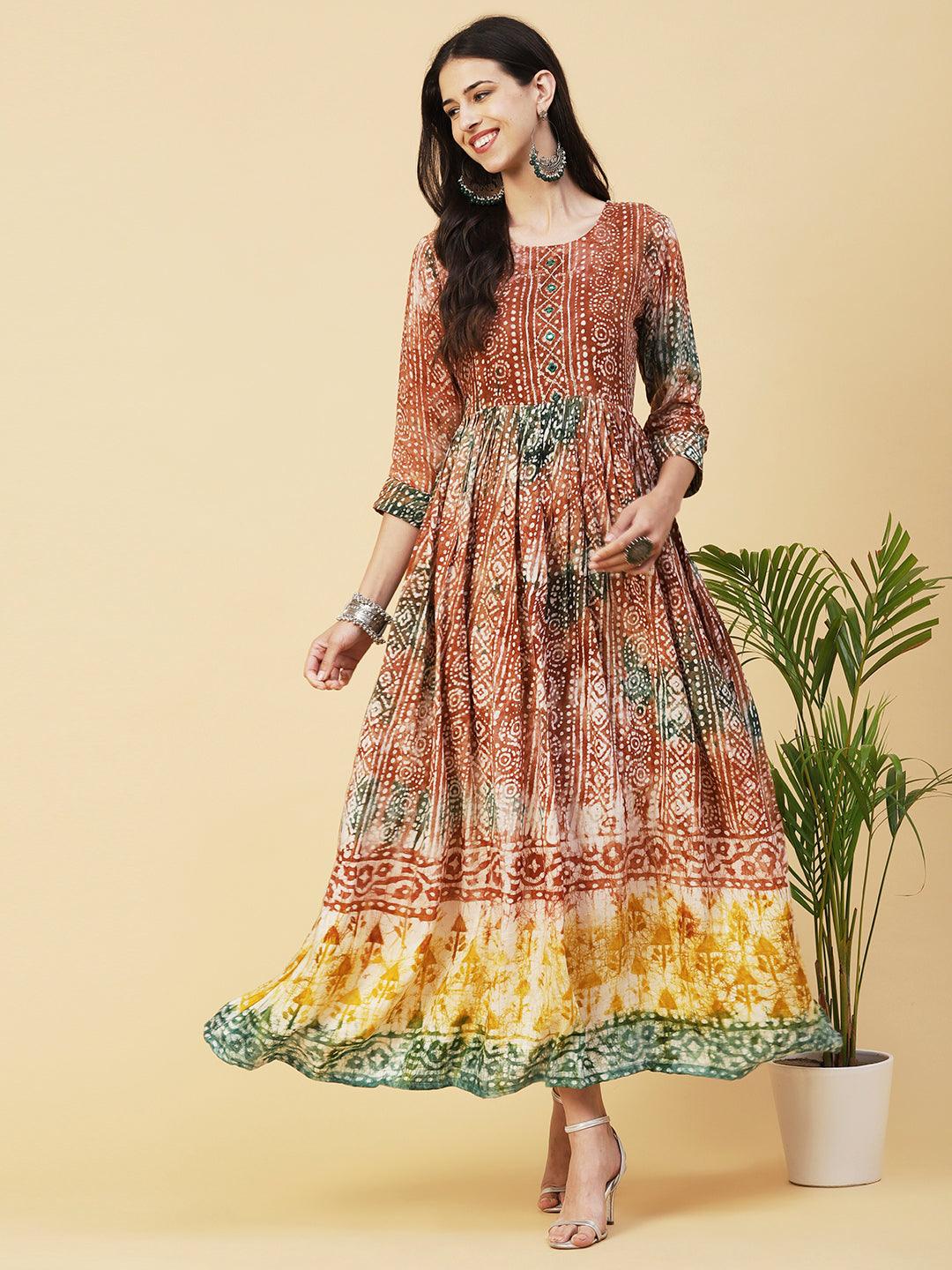 Ethnic Batik Printed & Embroidered Fit & Flare Maxi Dress - Brown - Indiakreations