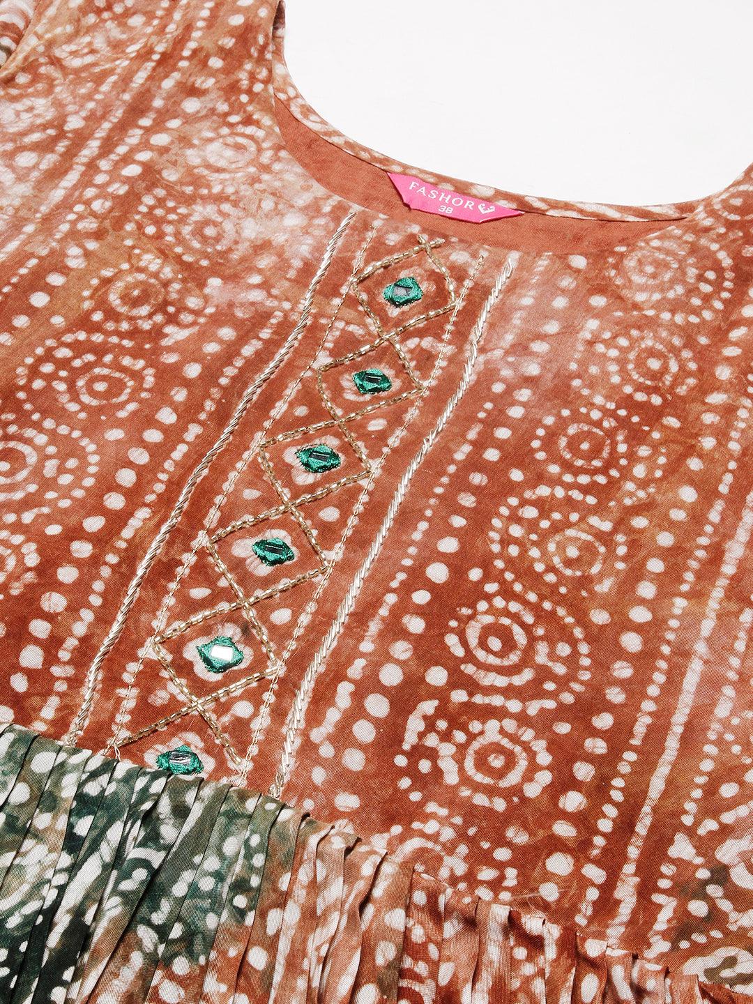 Ethnic Batik Printed & Embroidered Fit & Flare Maxi Dress - Brown - Indiakreations