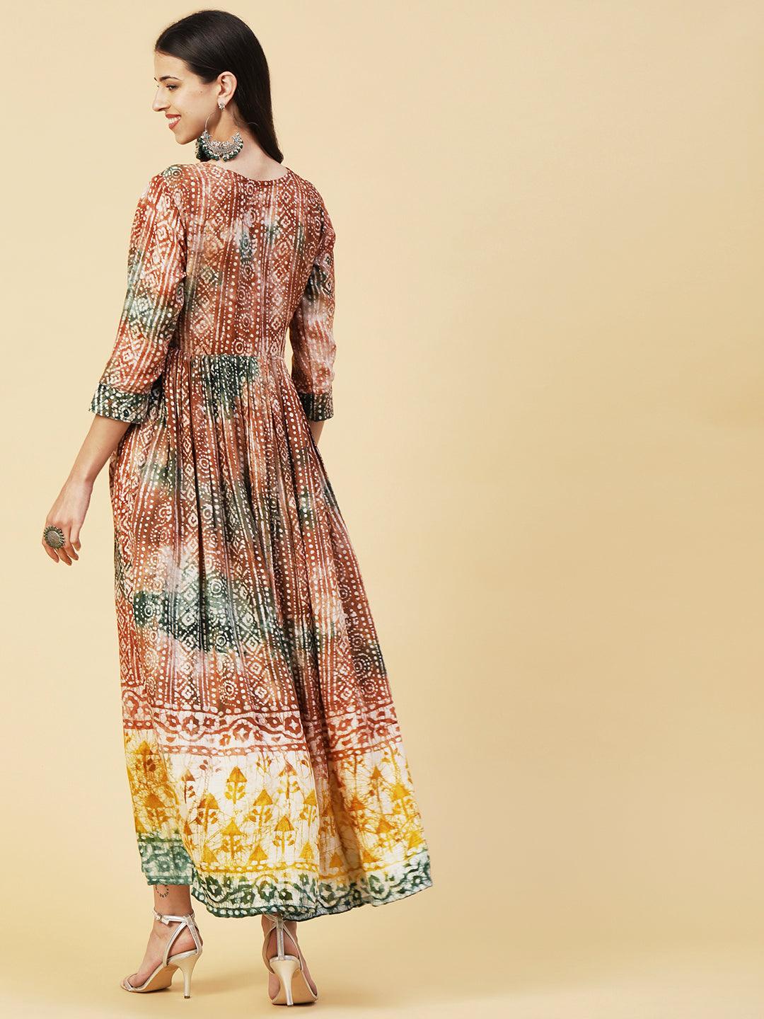 Ethnic Batik Printed & Embroidered Fit & Flare Maxi Dress - Brown - Indiakreations