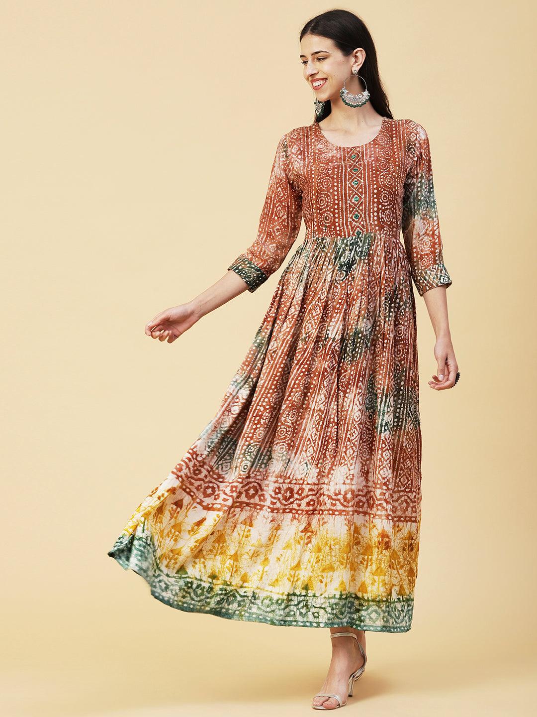 Ethnic Batik Printed & Embroidered Fit & Flare Maxi Dress - Brown - Indiakreations