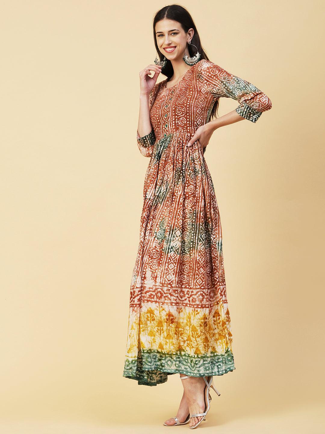 Ethnic Batik Printed & Embroidered Fit & Flare Maxi Dress - Brown - Indiakreations