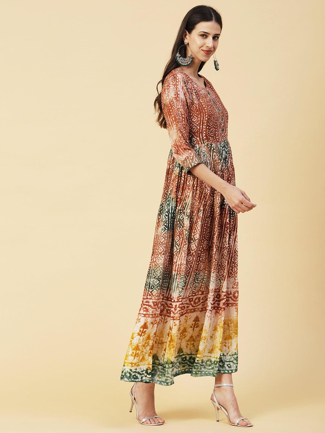 Ethnic Batik Printed & Embroidered Fit & Flare Maxi Dress - Brown - Indiakreations