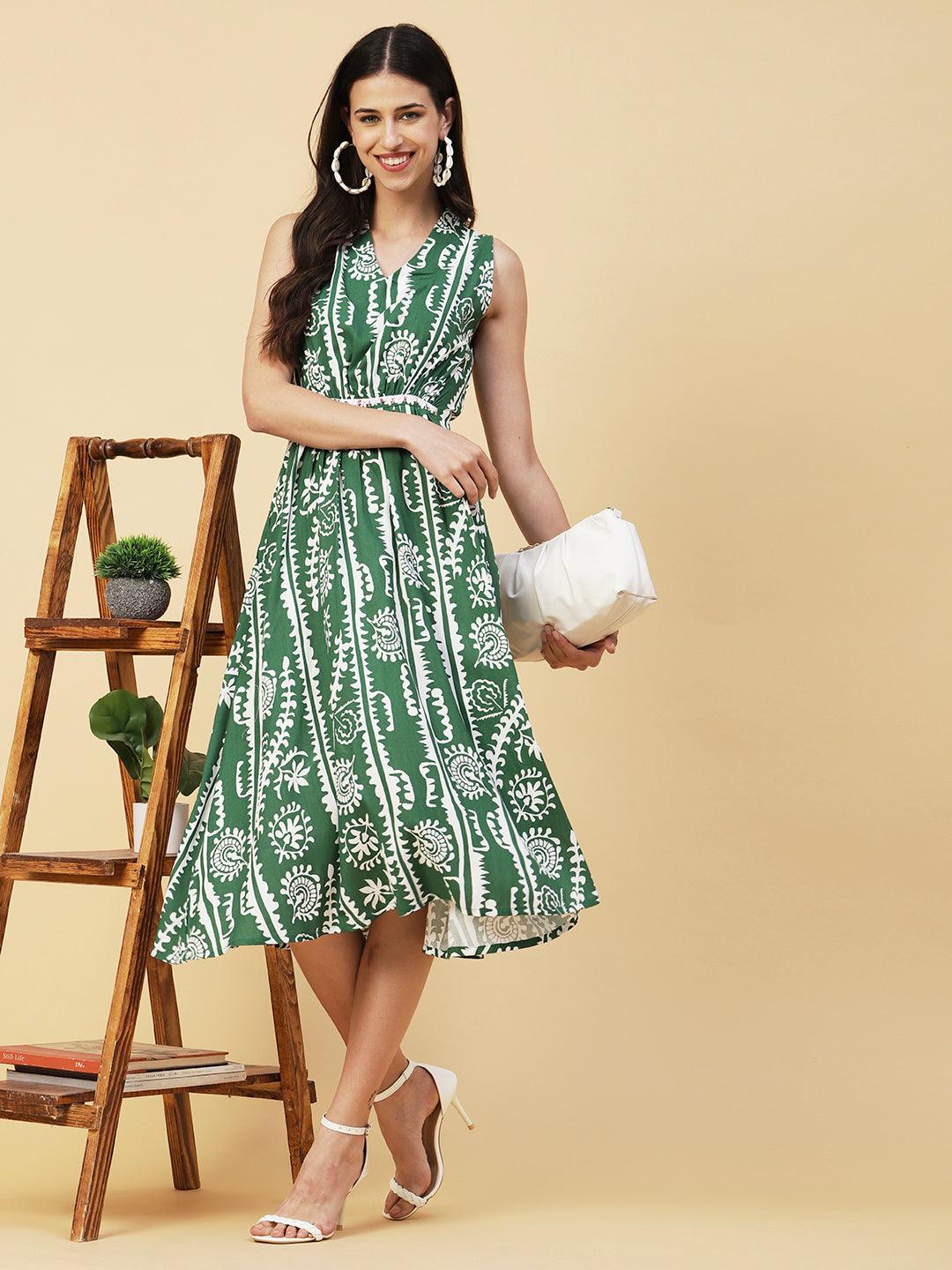 Ethnic Stripes Printed A-Line Fit & Flare Midi Dress - Green - Indiakreations