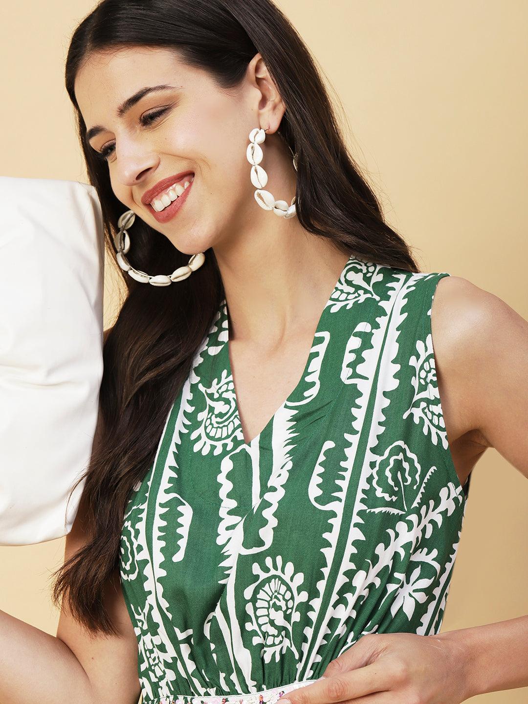 Ethnic Stripes Printed A-Line Fit & Flare Midi Dress - Green - Indiakreations