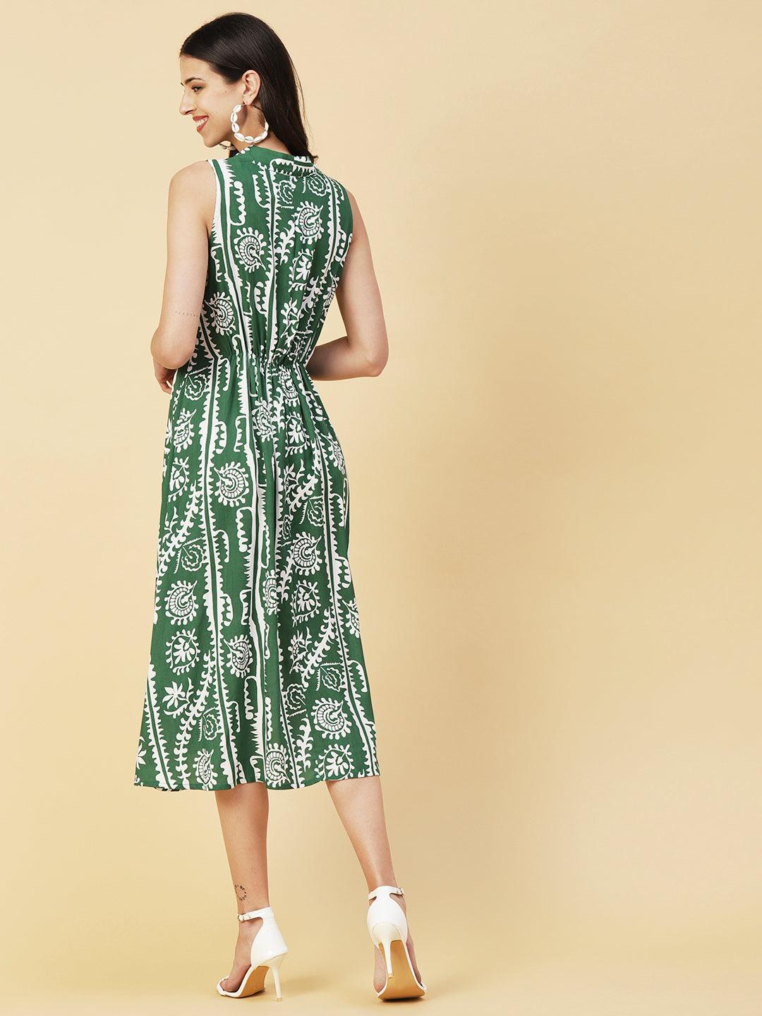 Ethnic Stripes Printed A-Line Fit & Flare Midi Dress - Green - Indiakreations