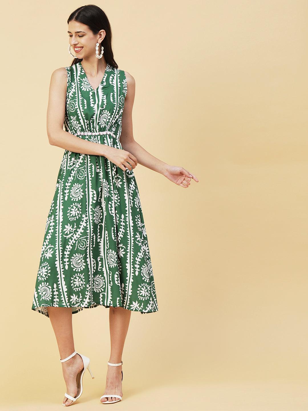 Ethnic Stripes Printed A-Line Fit & Flare Midi Dress - Green - Indiakreations