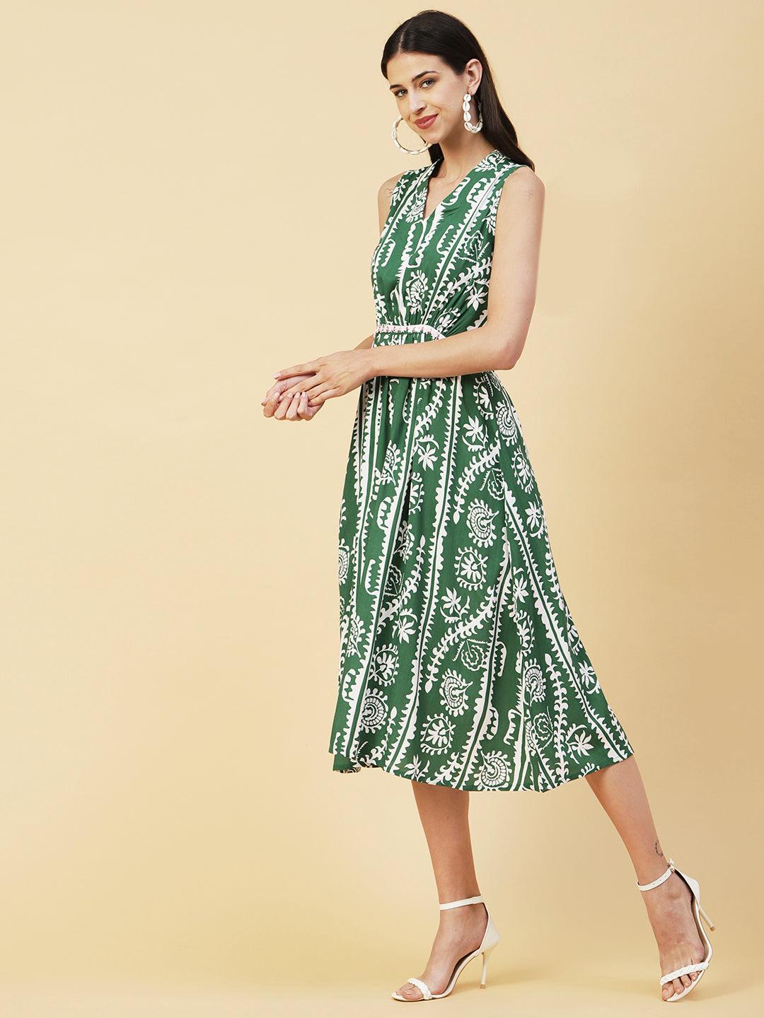 Ethnic Stripes Printed A-Line Fit & Flare Midi Dress - Green - Indiakreations