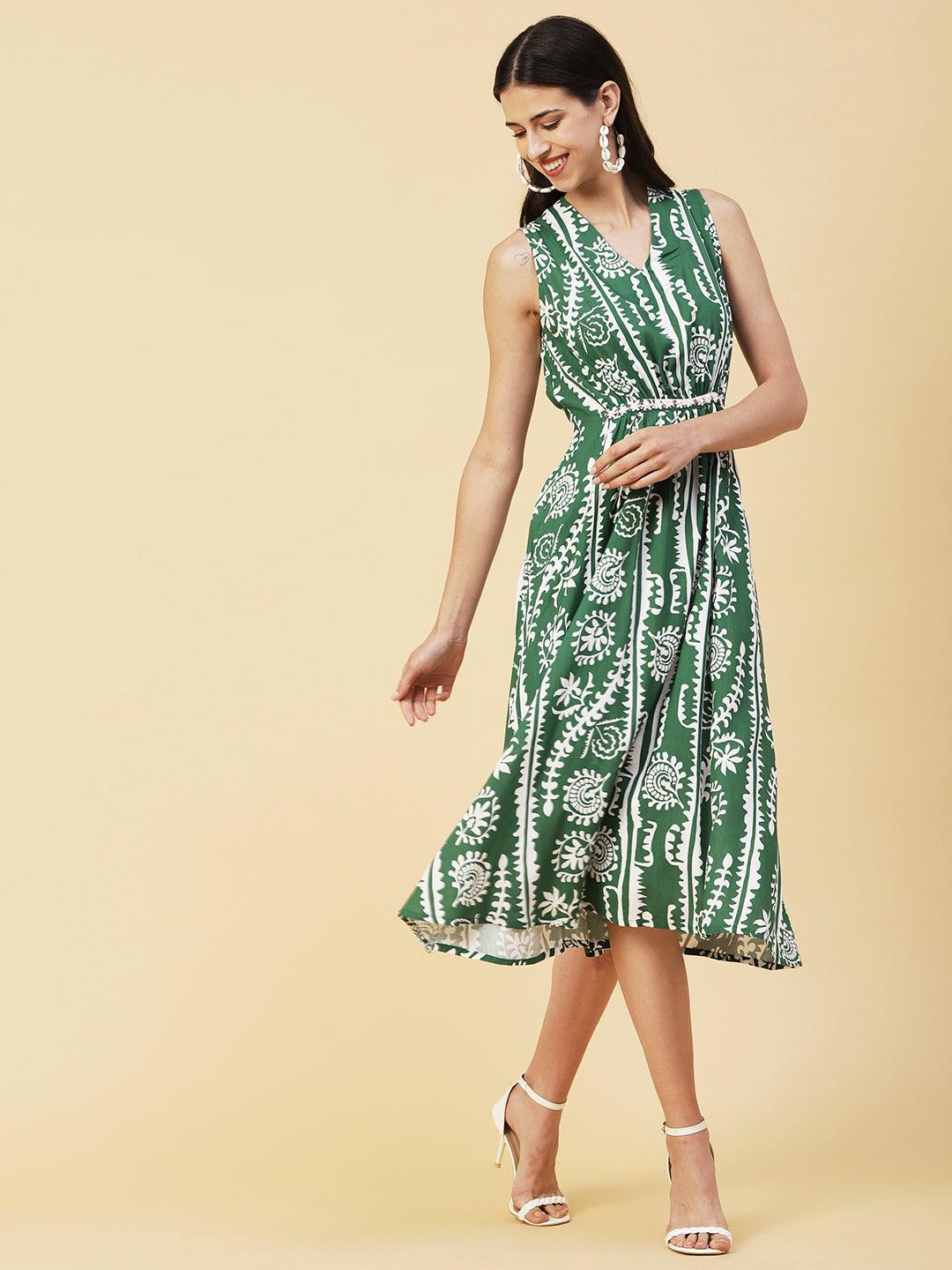 Ethnic Stripes Printed A-Line Fit & Flare Midi Dress - Green - Indiakreations