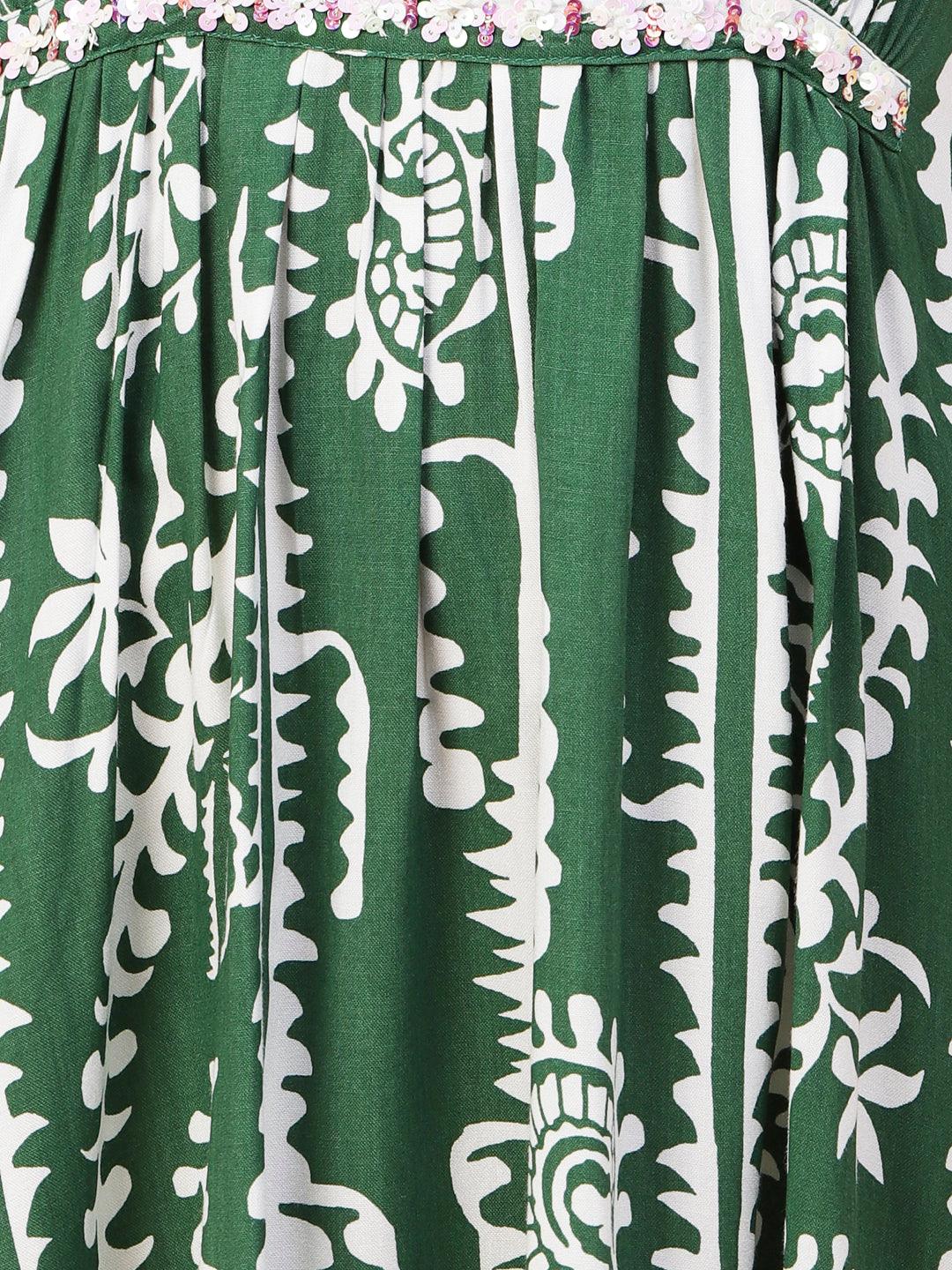 Ethnic Stripes Printed A-Line Fit & Flare Midi Dress - Green - Indiakreations