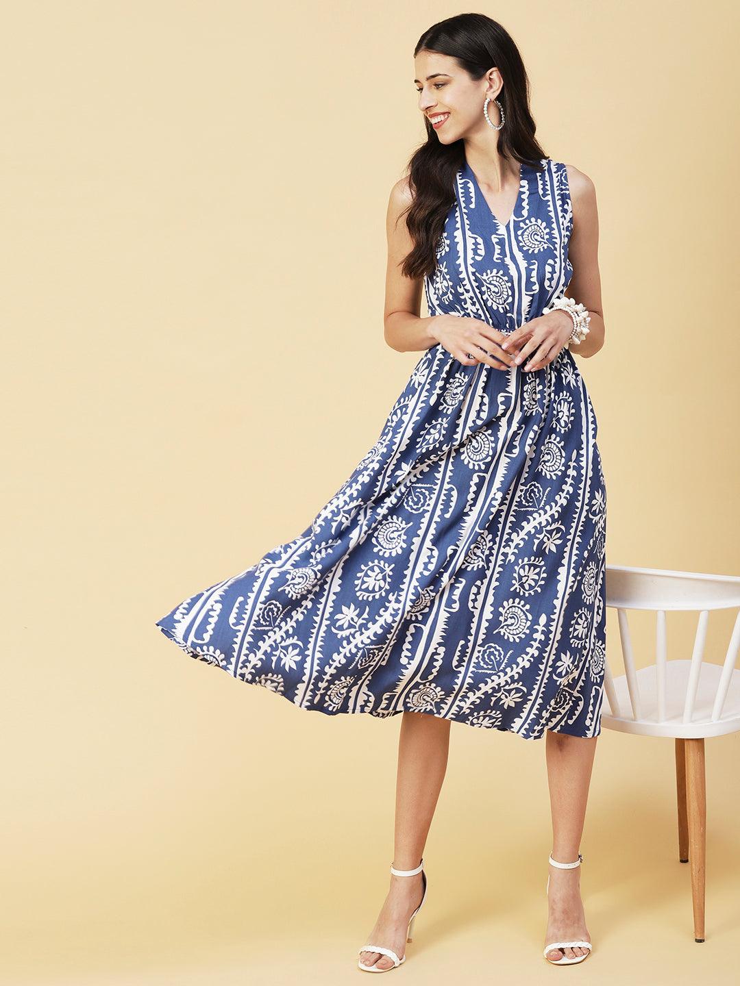 Ethnic Stripes Printed A-Line Fit & Flare Midi Dress - Blue - Indiakreations