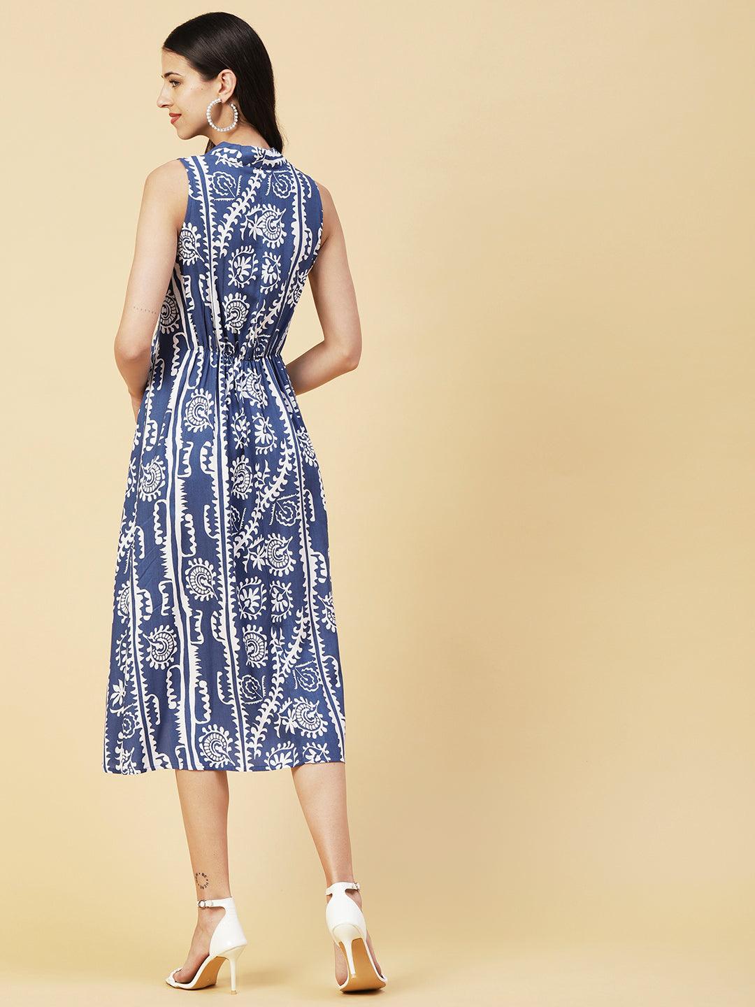 Ethnic Stripes Printed A-Line Fit & Flare Midi Dress - Blue - Indiakreations