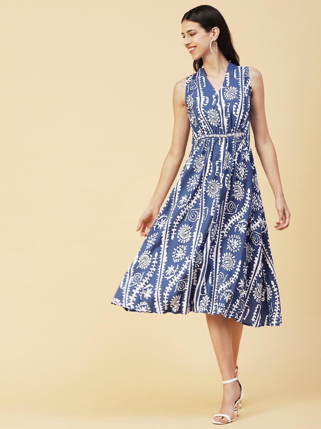 Ethnic Stripes Printed A-Line Fit & Flare Midi Dress - Blue - Indiakreations