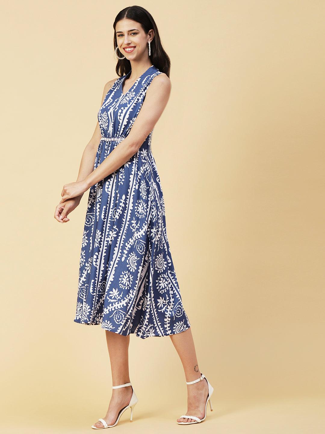 Ethnic Stripes Printed A-Line Fit & Flare Midi Dress - Blue - Indiakreations