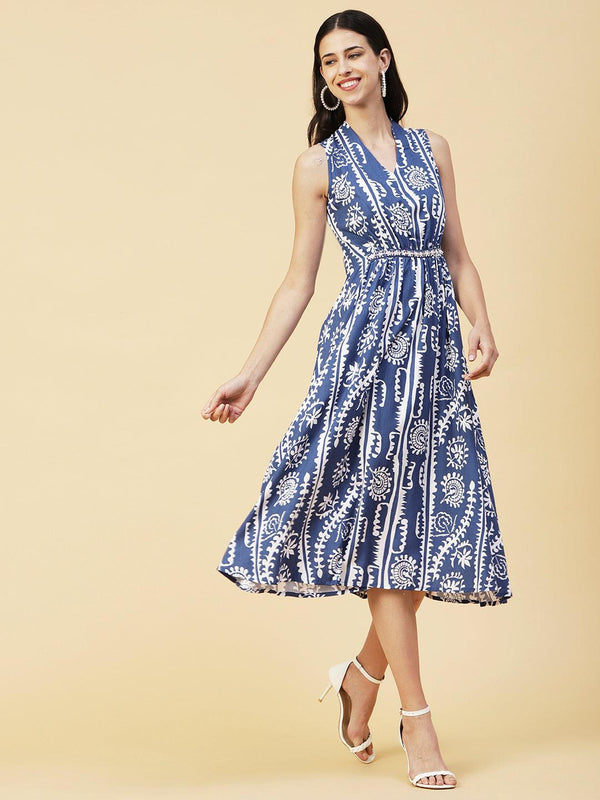 Ethnic Stripes Printed A-Line Fit & Flare Midi Dress - Blue - Indiakreations