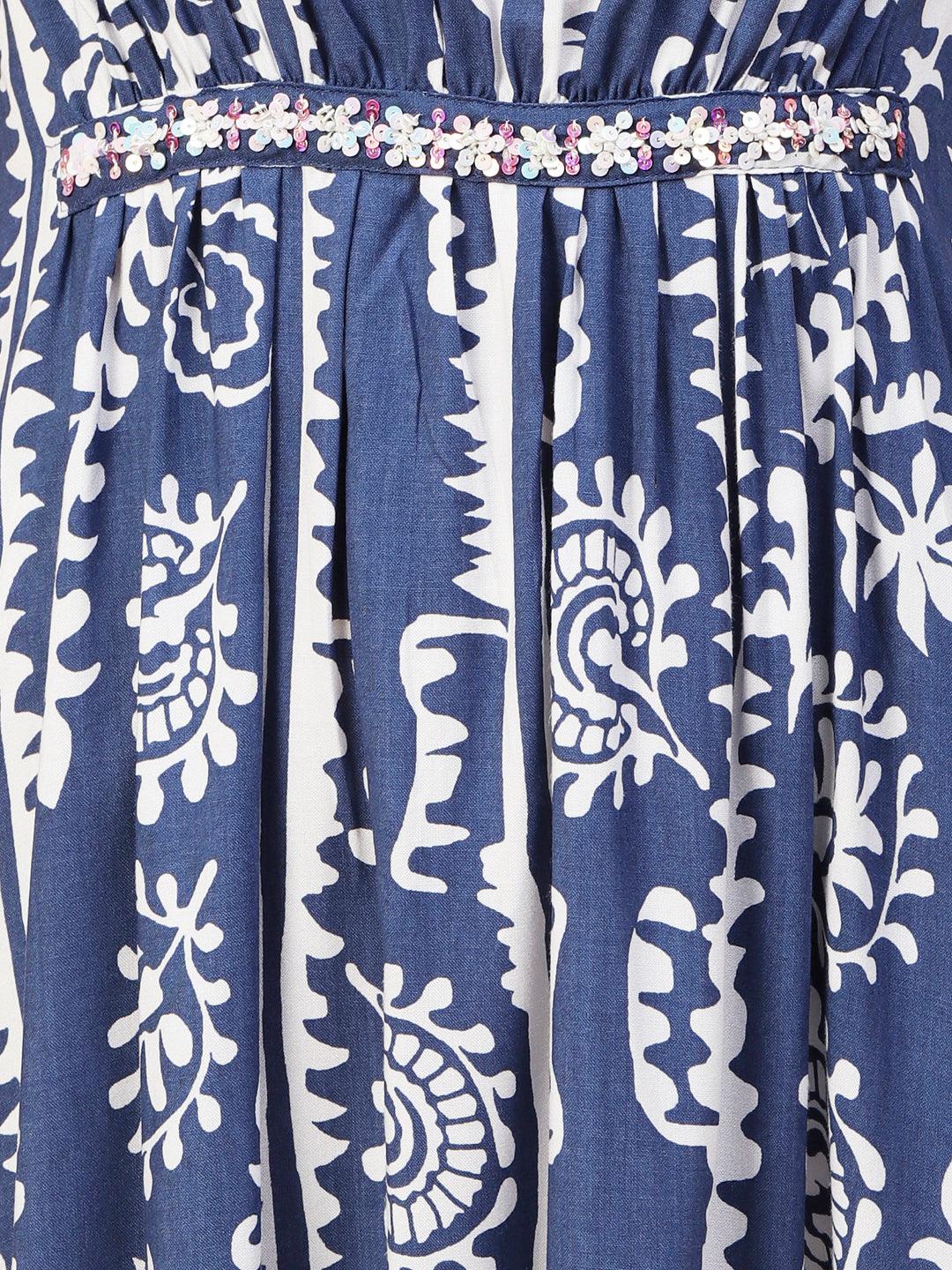 Ethnic Stripes Printed A-Line Fit & Flare Midi Dress - Blue - Indiakreations