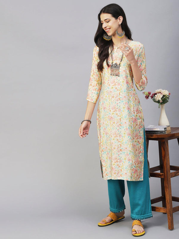 Floral & Foil Printed Kurta - Cream - Indiakreations