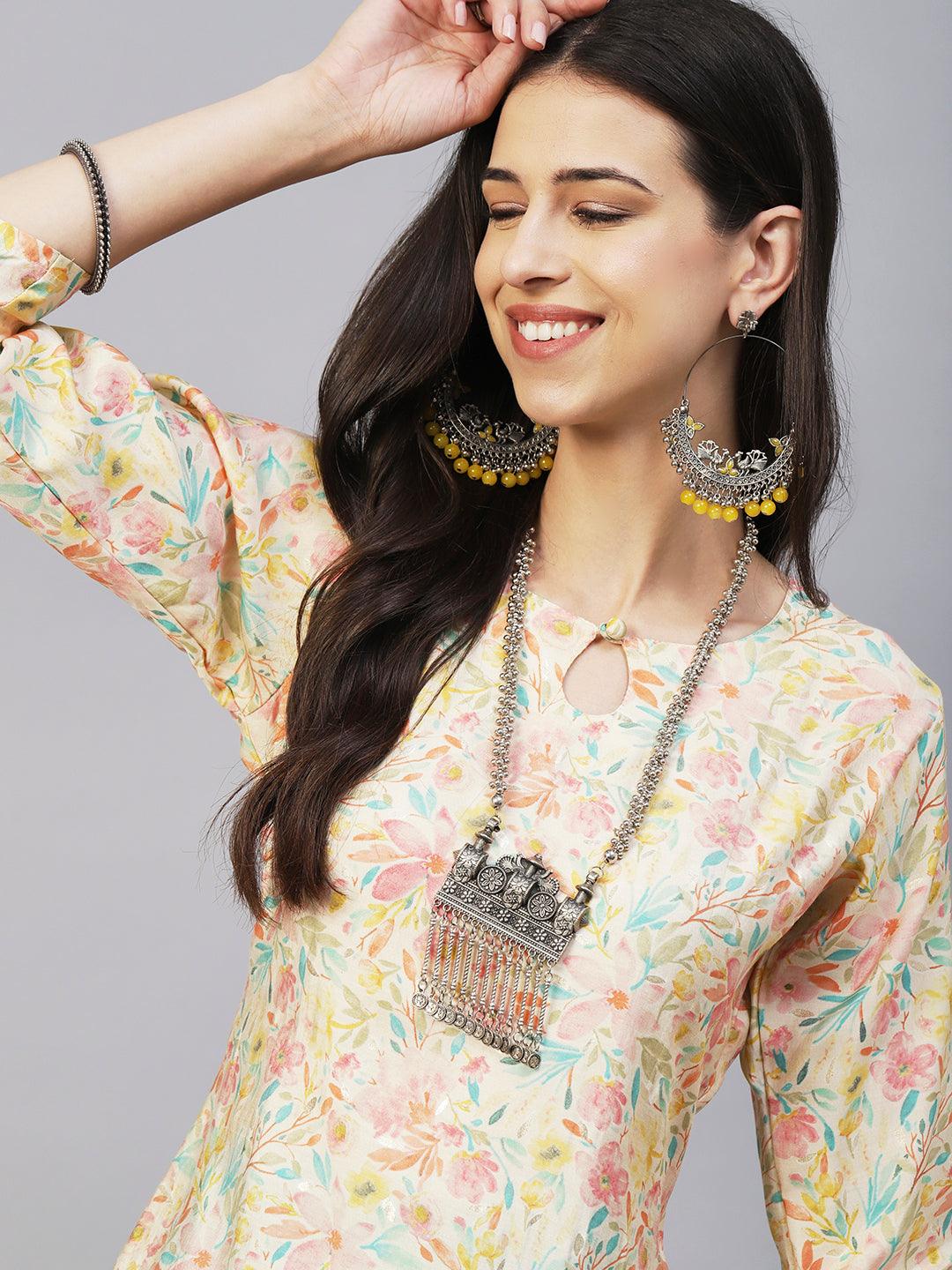 Floral & Foil Printed Kurta - Cream - Indiakreations