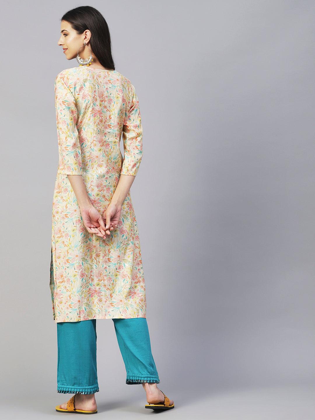 Floral & Foil Printed Kurta - Cream - Indiakreations