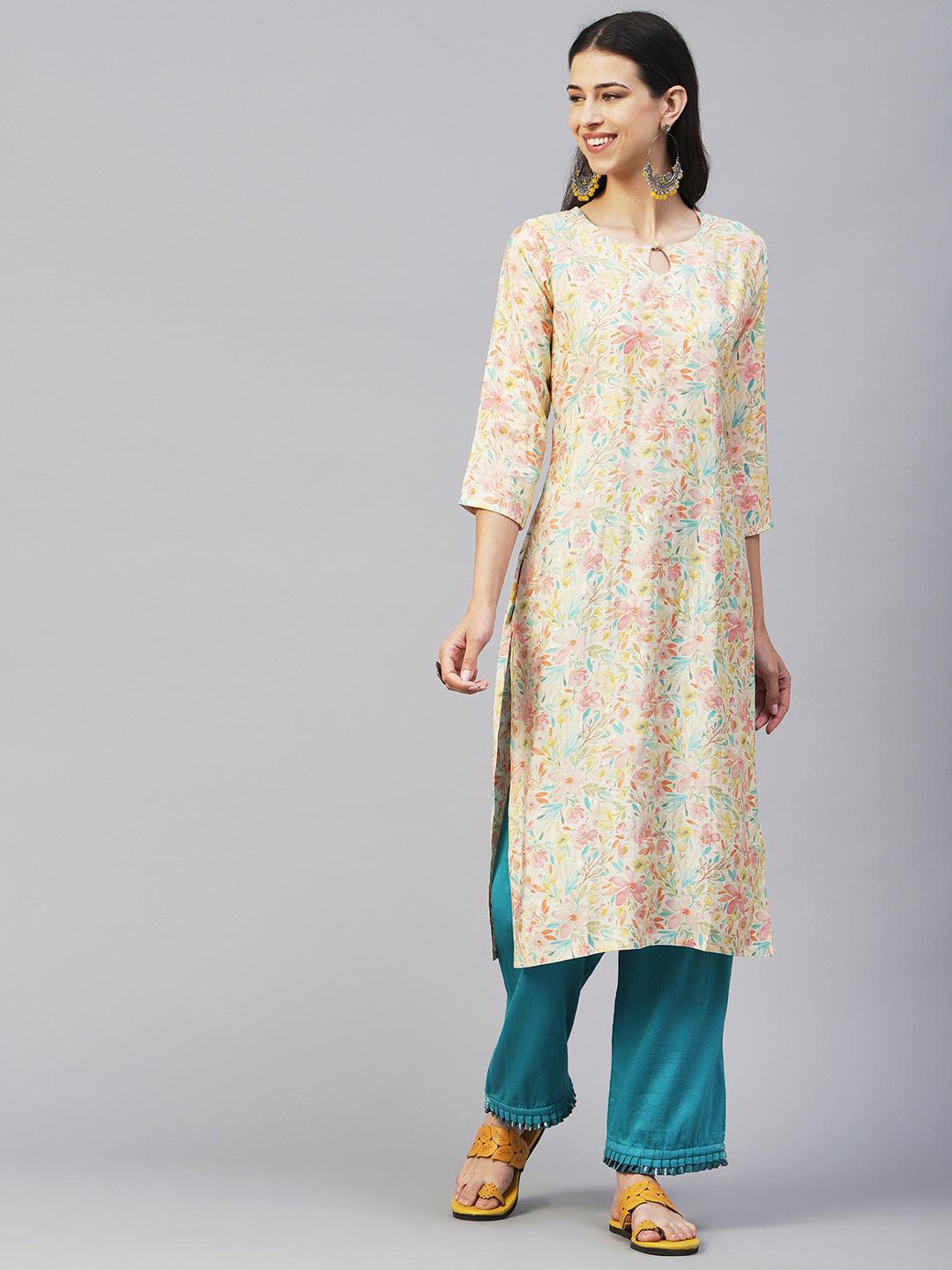 Floral & Foil Printed Kurta - Cream - Indiakreations