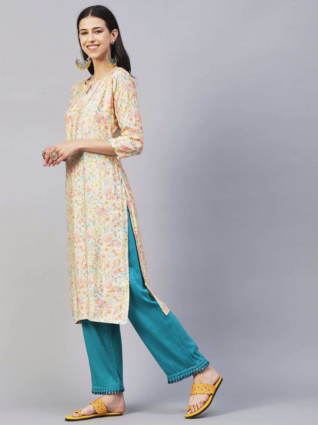 Floral & Foil Printed Kurta - Cream - Indiakreations