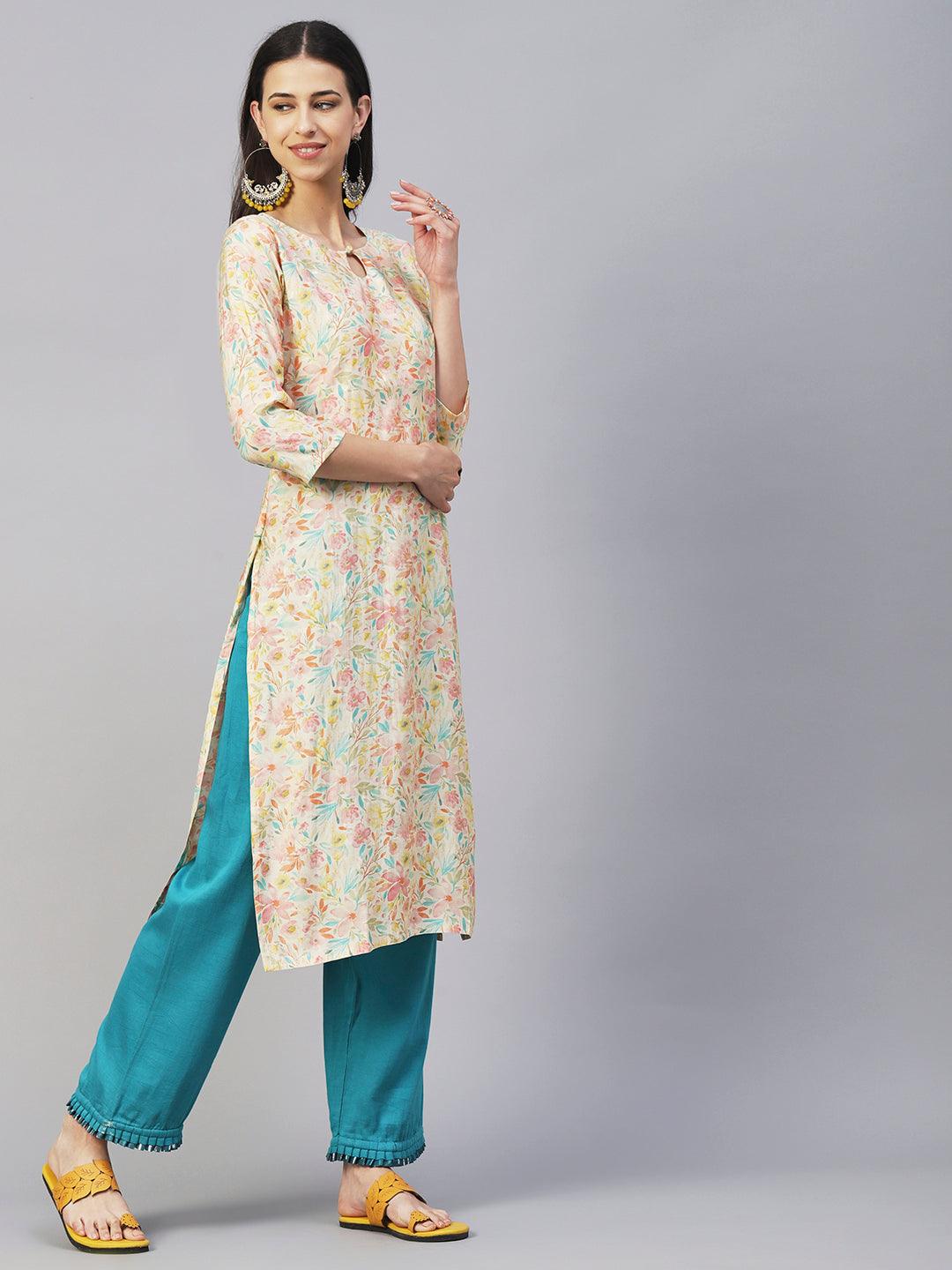 Floral & Foil Printed Kurta - Cream - Indiakreations